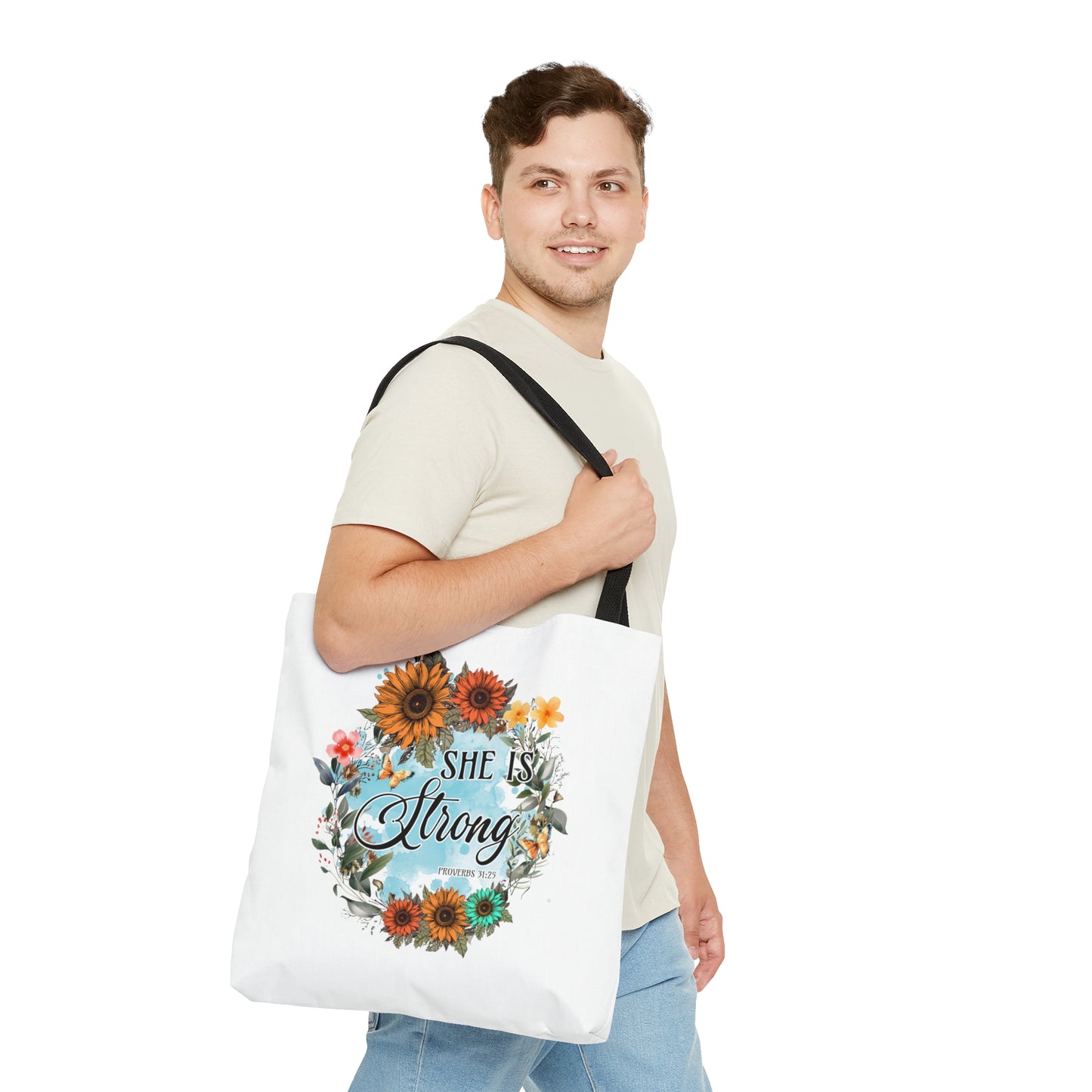 She is Strong Inspirational Tote Bag, Christian Gifts