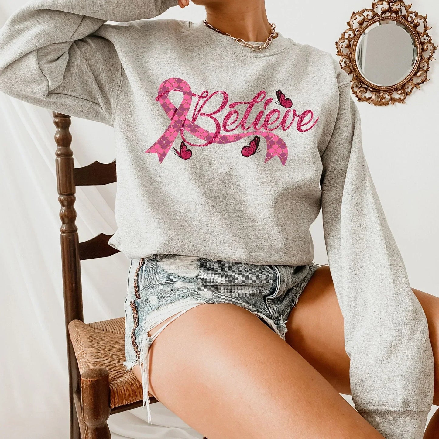 Breast Cancer Shirt, Breast Cancer Gifts, Cancer Survivor Sweatshirt, Gift for Mom, Breast Cancer Awareness Month Pink Ribbon Believe Hoodie