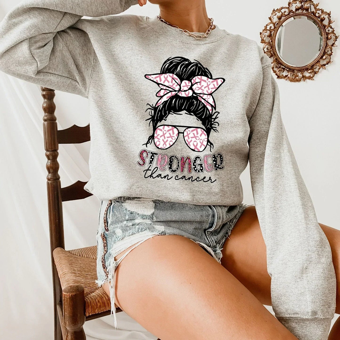 Breast Cancer Shirt, Never Give Up, Cancer Survivor Gifts, Stronger than Cancer Sweatshirt, Messy Bun Awareness Month, Pink Ribbon Hoodie