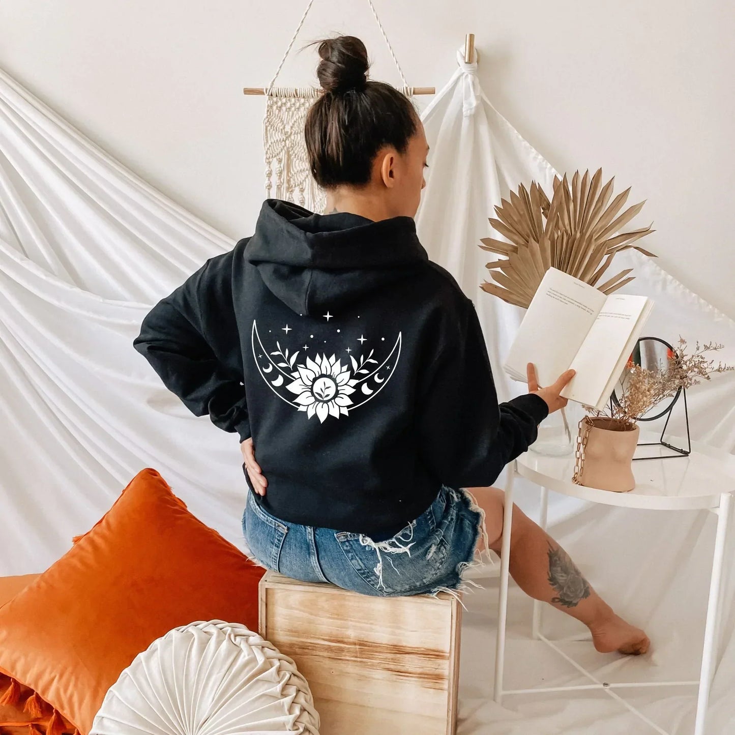 Celestial Hoodie, Moon Sunflower Full Zip Hoodie, Moon Phases Zip Up Hoodie, Cozy Fall Mystical Astrology Full Zipper Hoodie for Boho Women