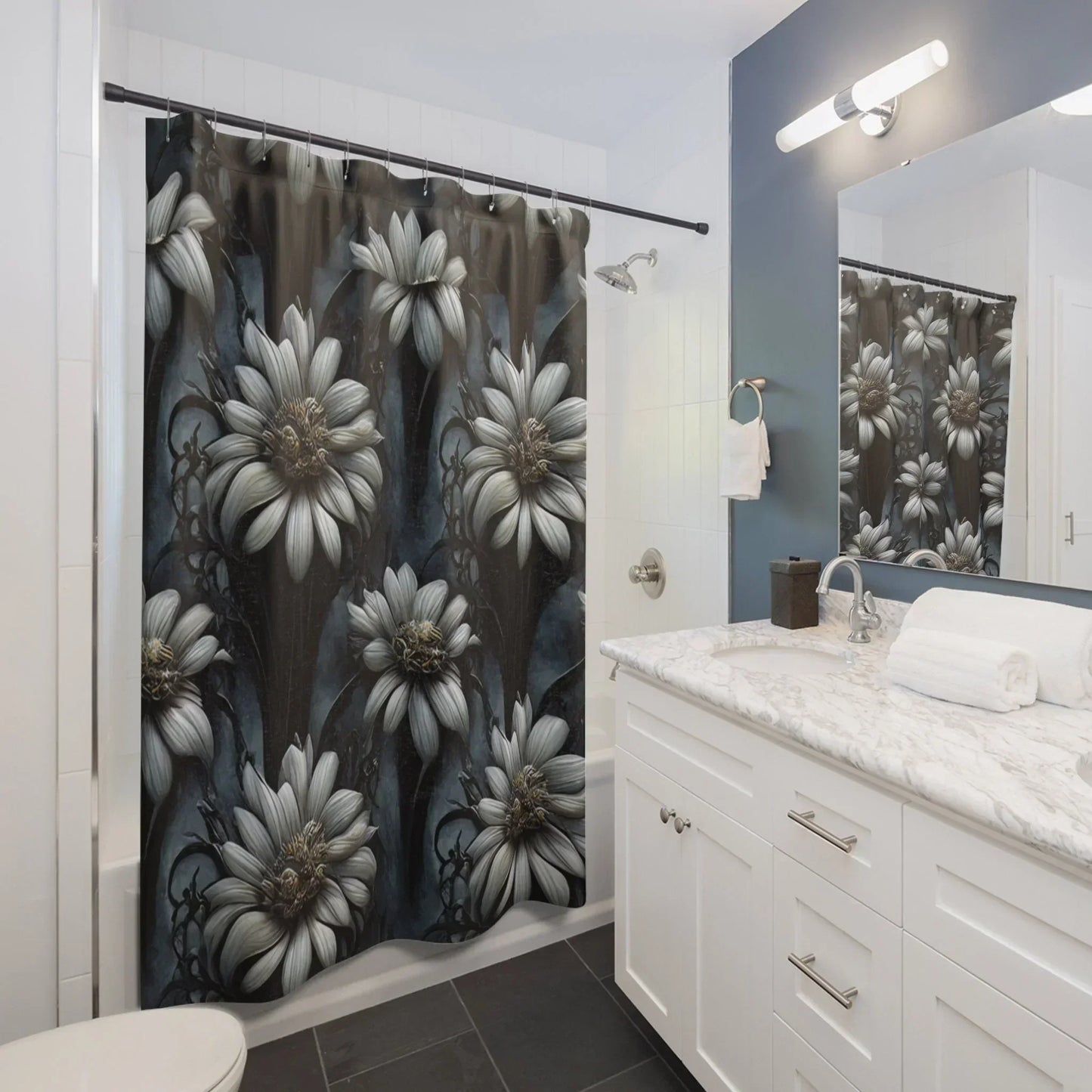 Gothic Shower Curtain, Black Floral Shower Curtain, Gothic Home Decor, Gothic Gifts, Sunflower Goth Shower Curtain Extra Long Shower Curtain
