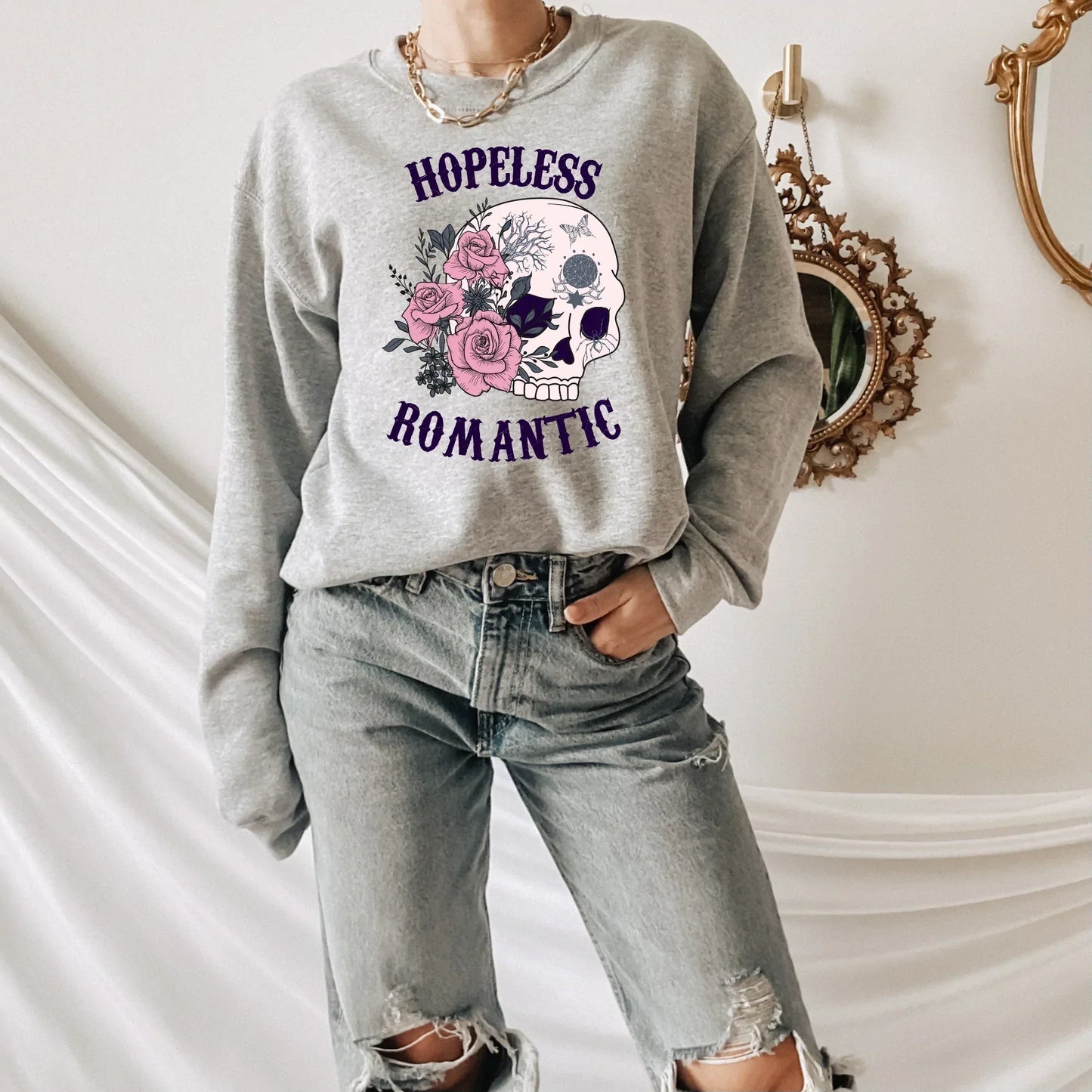 Hopeless Romantic Gothic Shirt, Halloween Sweatshirt, Witchy Vibes, Bats & Dead Roses Shirt, Moon Shirt, Magical Witch Shirt, Goth Style, Rot with Me, EMO Tee