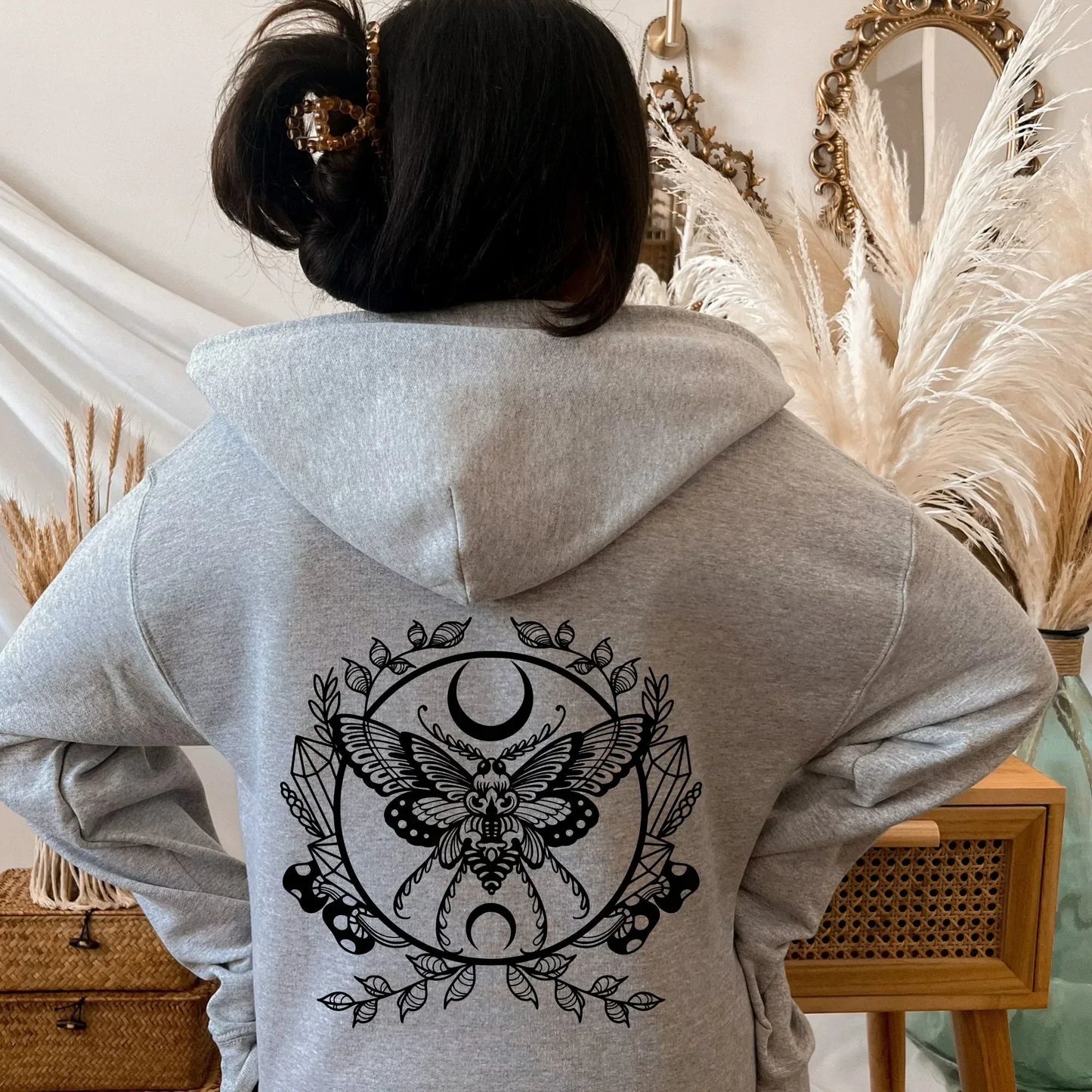 Luna Moth Witchy Zip Up Hoodie, Celestial Butterfly Full Zip Hoodie