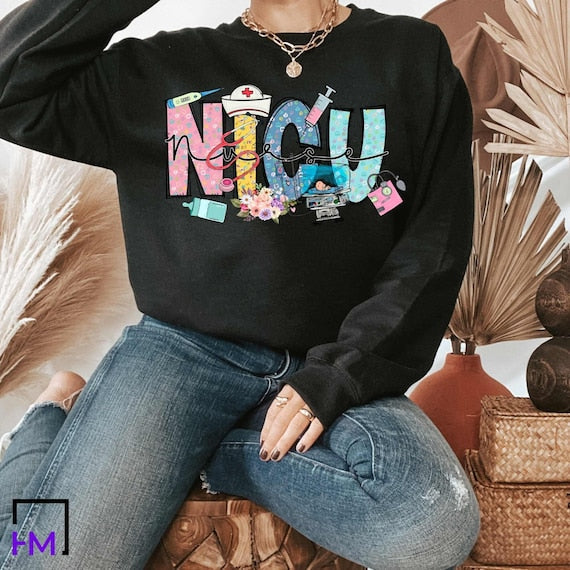 NICU Nurse Shirt, Nurse Gift Black Sweatshirt S