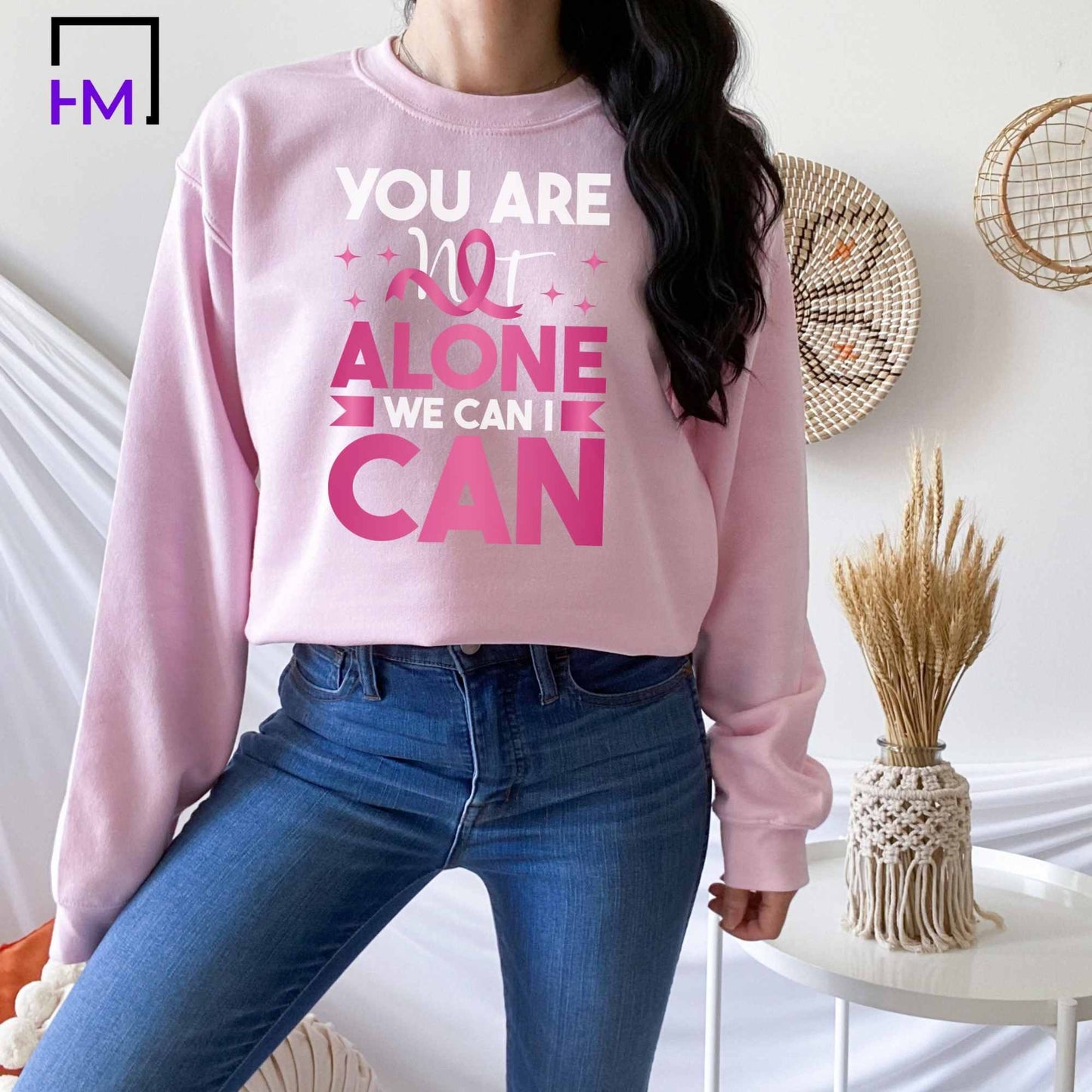 You are not alone, we can I can, Breast Cancer Shirt, Never Give Up, Cancer Survivor Gifts, Stronger than Cancer Sweatshirt, Messy Bun Awareness Month, Pink Ribbon Hoodie