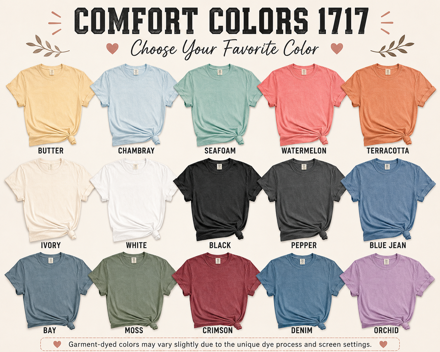 Comfort Colors 1717 color chart with 15 garment dyed T-shirt colors