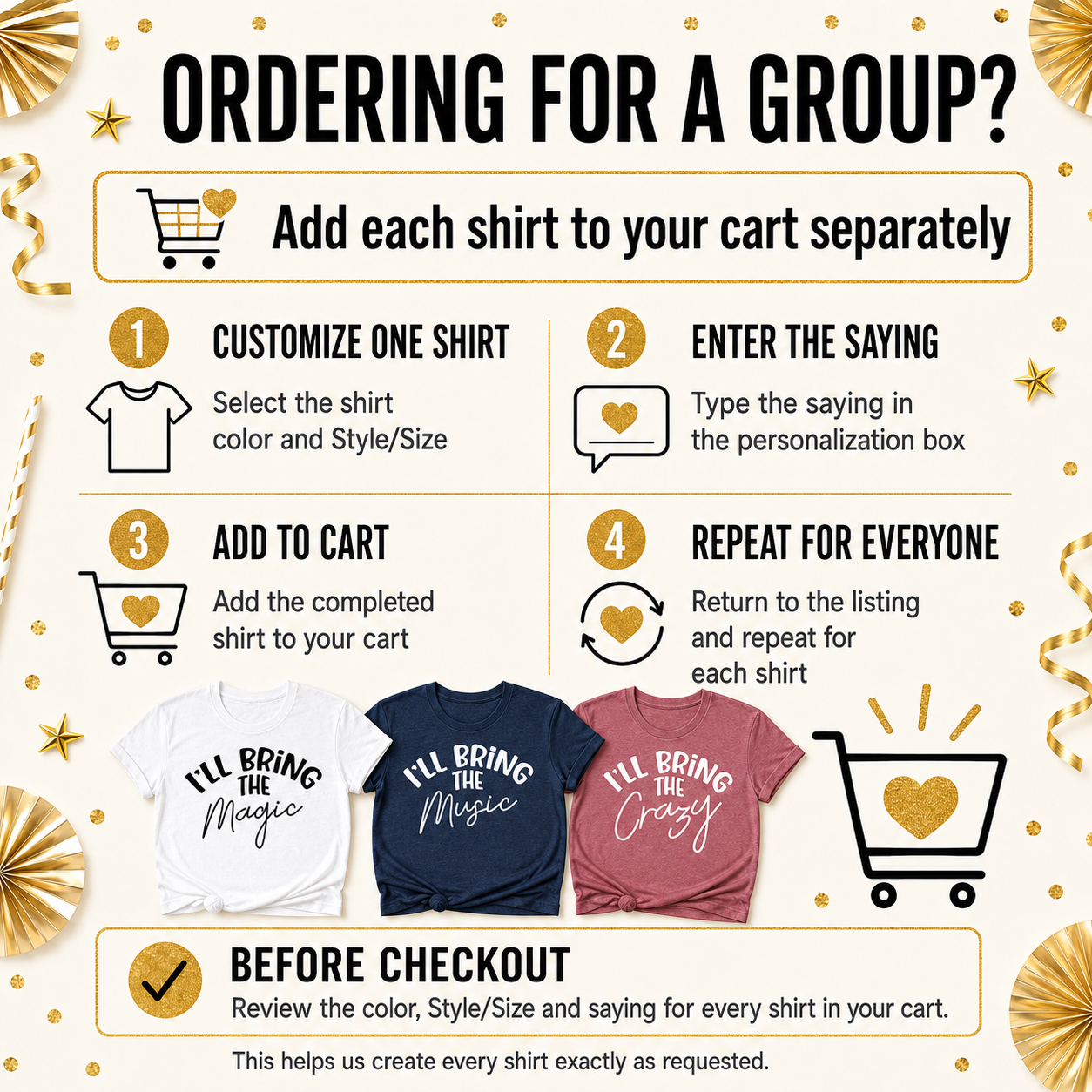An ordering infographic for a group custom shirt listing, explaining how customers add each shirt to their cart separately. The graphic features four numbered steps with icons, a shopping cart illustration, and three sample custom-printed t-shirts in white, navy blue, and dusty pink at the bottom.