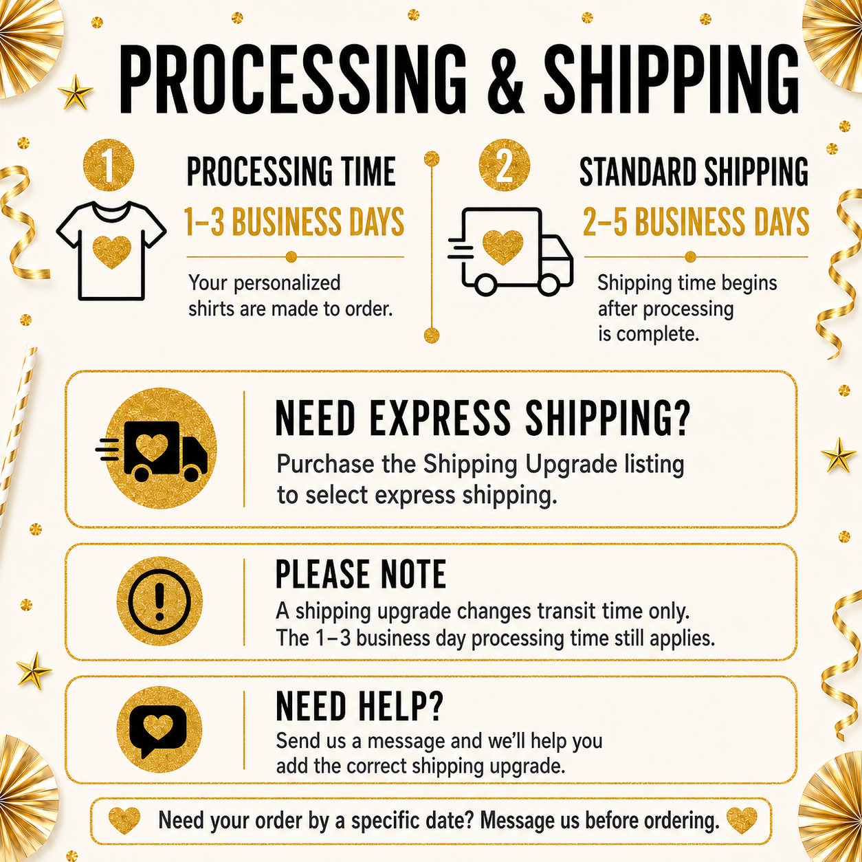 An informational graphic titled 'PROCESSING & SHIPPING' on a cream background with gold decorative confetti and fan shapes. It explains processing time as 1-3 business days, standard shipping as 2-5 business days, and provides text for express shipping, a note, and help requests with icons and callout boxes.