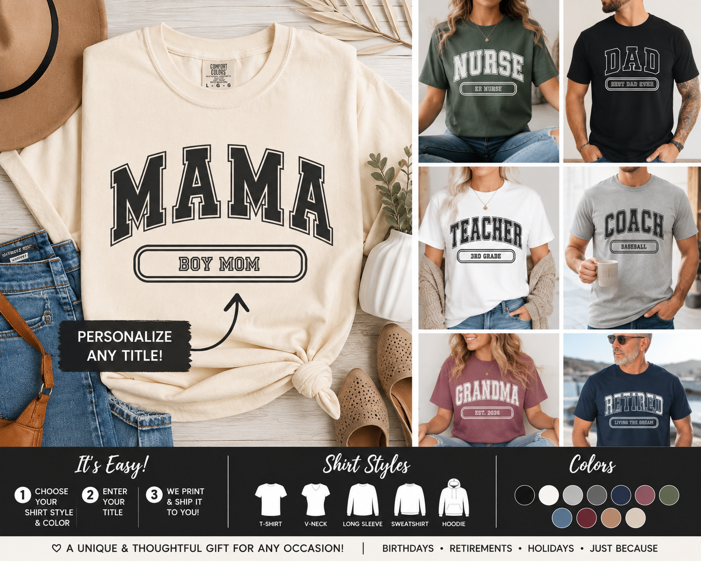 A collage-style product listing showing a customizable graphic T-shirt. The main large shirt on the left is cream with bold black collegiate-style text reading 'MAMA' and 'BOY MOM' with a blank line for personalization.