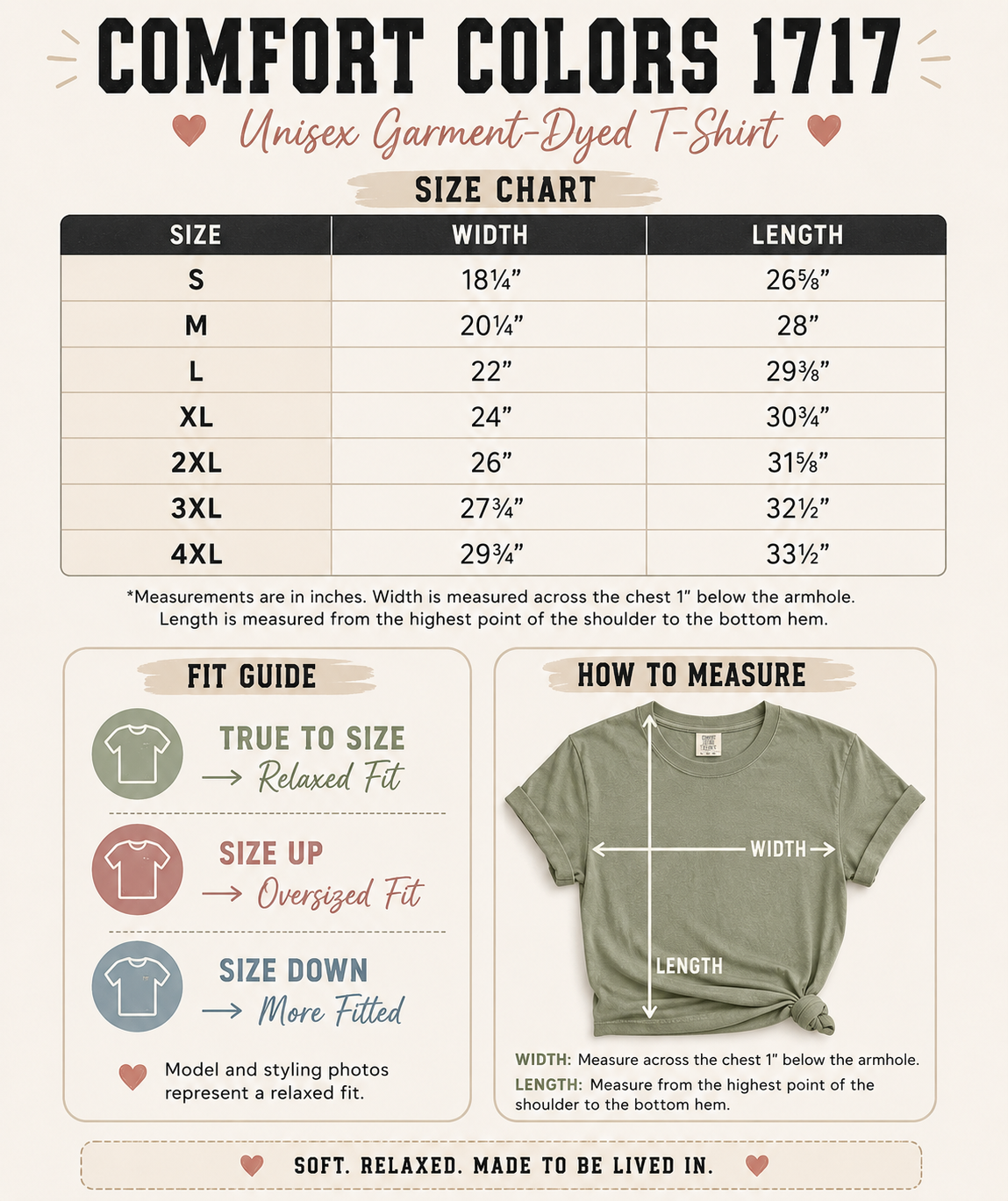 An informational size chart and fit guide for the Comfort Colors 1717 Unisex Garment-Dyed T-Shirt. The top section features a size chart table listing measurements from S to 4XL in inches.