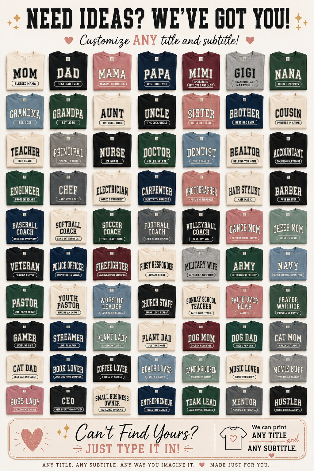 A customizable t-shirt graphic template sheet featuring rows of vintage-style crewneck shirts in various colors with different text options like 'MOM', 'DAD', 'GRANDMA', 'Nurse', 'Engineer', and 'Veteran'. The sheet has a cream background with pink hearts and text at the top and bottom.