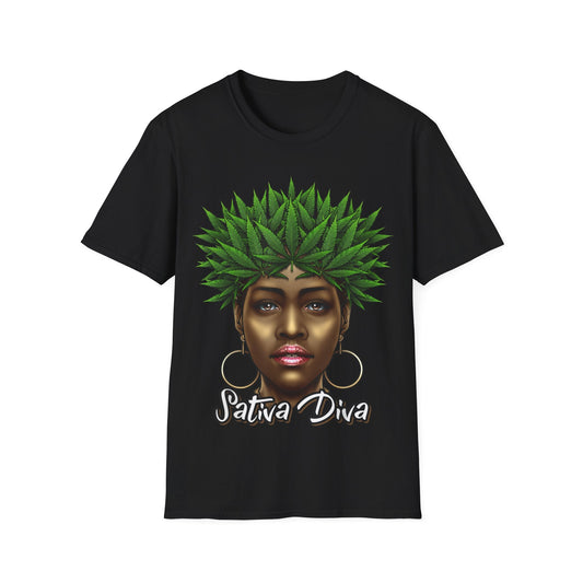 Sativa Diva 420 T-Shirt – Black Queen Weed Leaf Graphic Tee | Unisex Cannabis Shirt for Black Women & Stoners - HMDesignStudioUS
