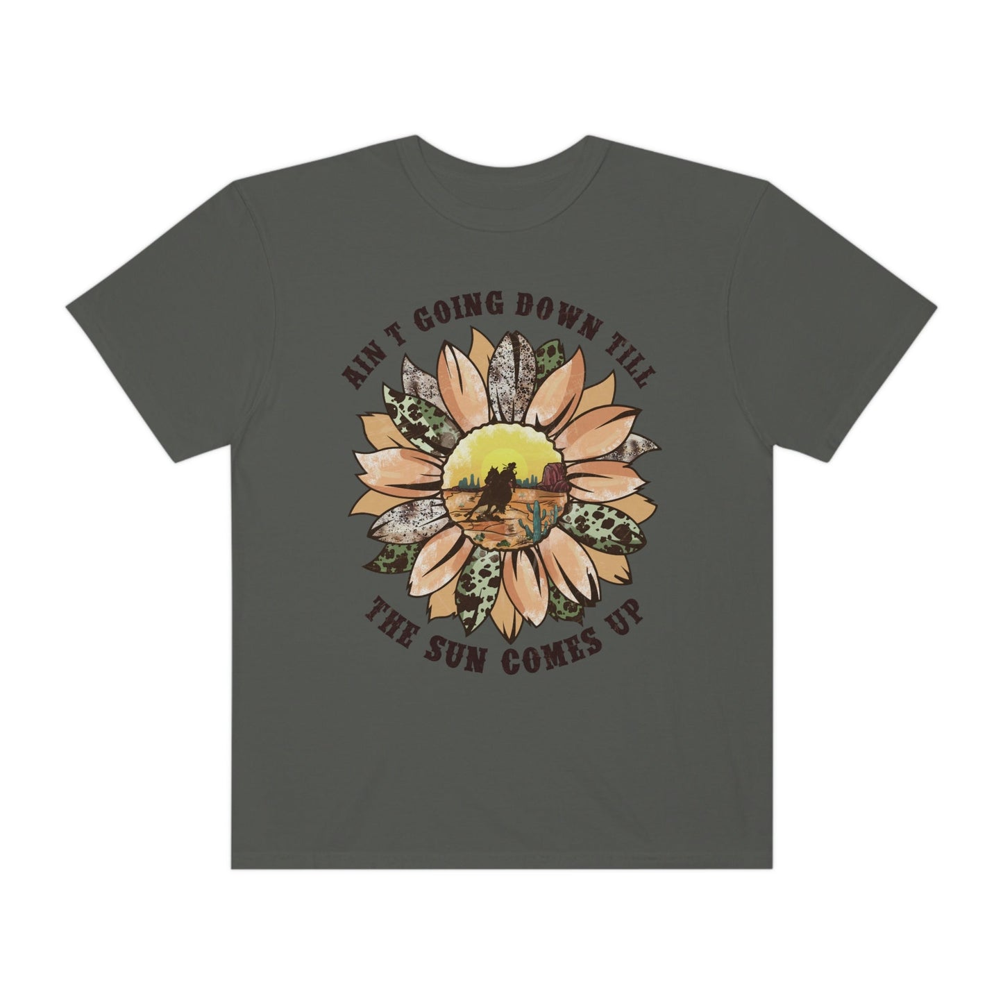 Ain't Going Down Til the Sun Comes Up, Comfort Colors Funny Western Graphic Tee | Sunflower Cowgirl T-Shirt