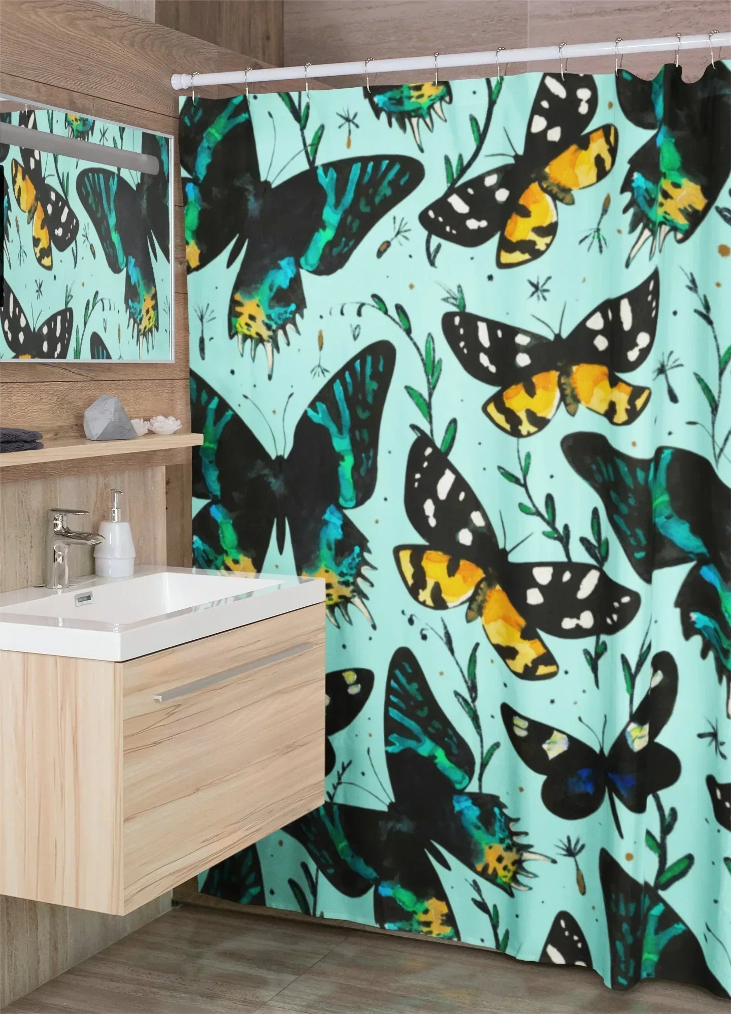 Boho Shower Curtain, Bobo Green Butterfly Curtain, Cool Cute Bathroom Accessories, Retro Housewarming Gift, Extra Long Shower Curtain HMDesignStudioUS