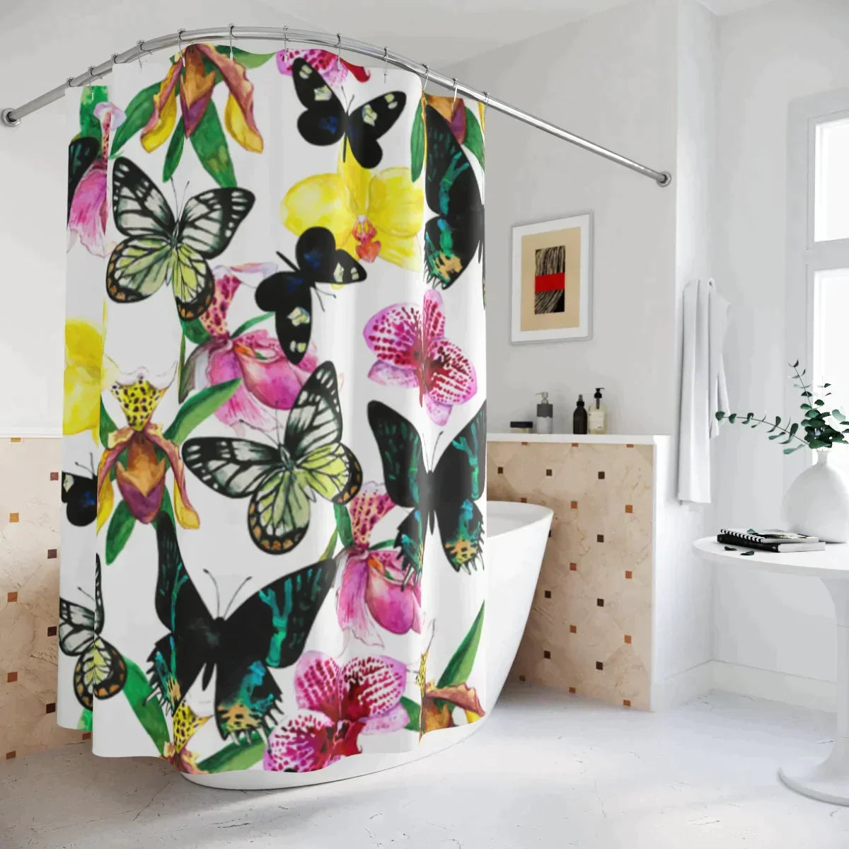 Boho Shower Curtain, Bobo Pink Butterfly Curtain, Cool Cute Bathroom Accessories, Housewarming Gift, Hippie Decor, Extra Long Shower Curtain