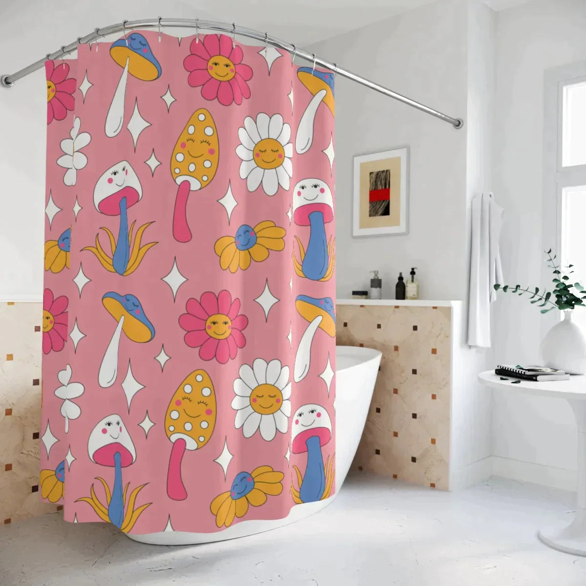 Boho Shower Curtain, Bobo Pink Mushroom Curtain, Daisy Bathroom Accessories, Housewarming Gift, Hippie Decor, Extra Long Shower Curtain