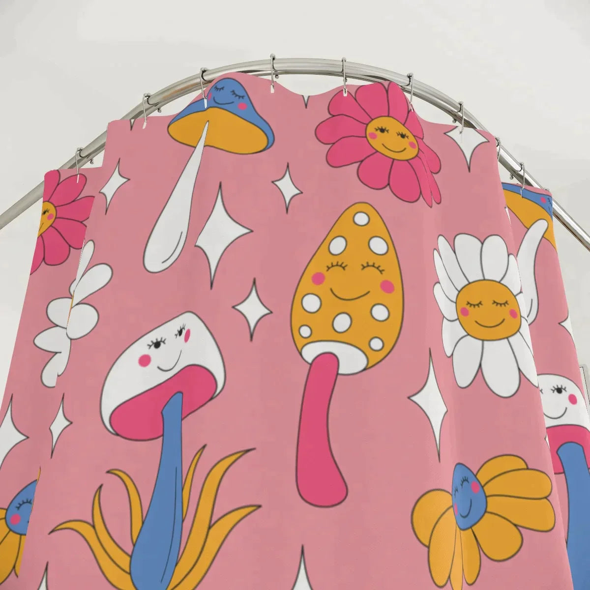 Boho Shower Curtain, Bobo Pink Mushroom Curtain, Daisy Bathroom Accessories, Housewarming Gift, Hippie Decor, Extra Long Shower Curtain