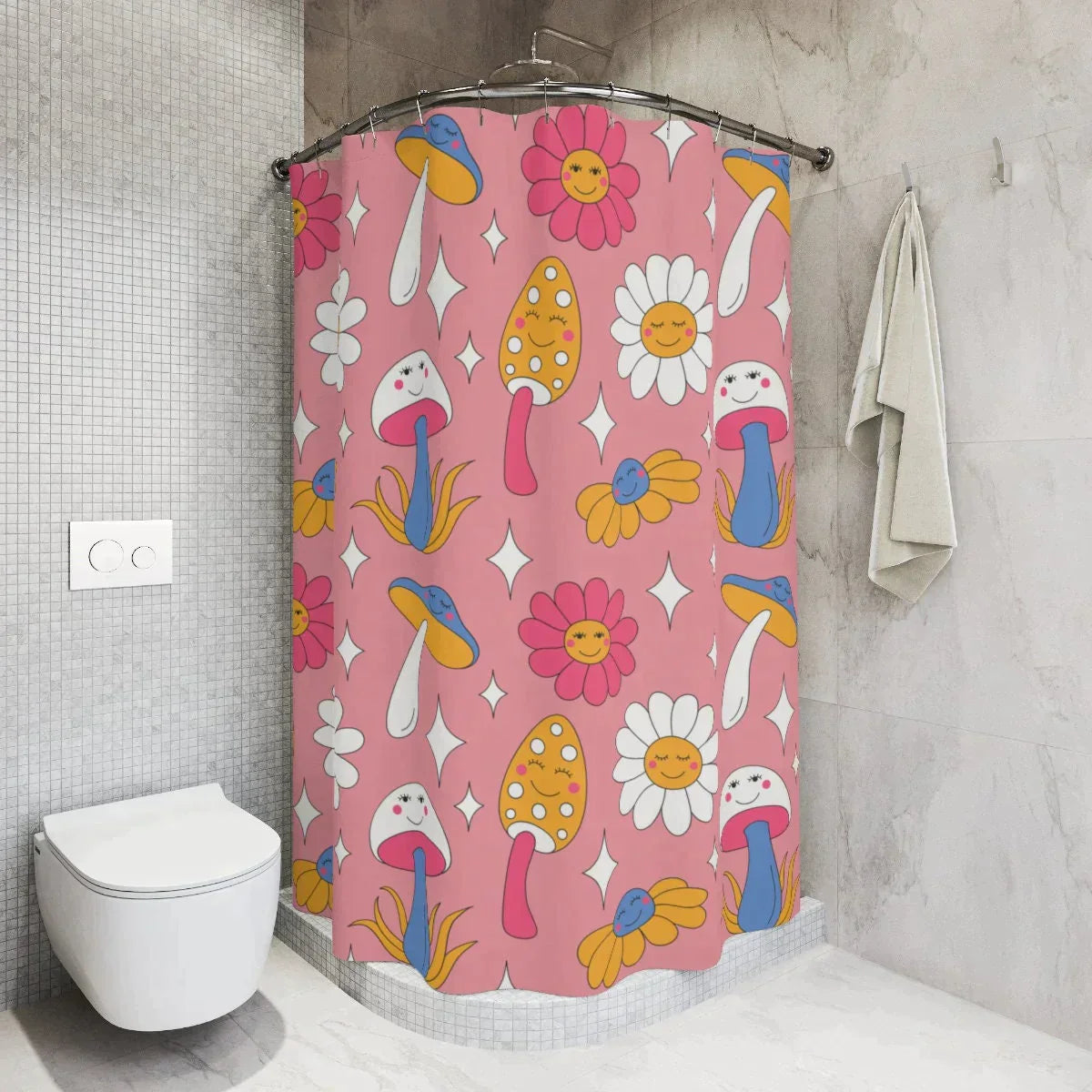 Boho Shower Curtain, Bobo Pink Mushroom Curtain, Daisy Bathroom Accessories, Housewarming Gift, Hippie Decor, Extra Long Shower Curtain HMDesignStudioUS