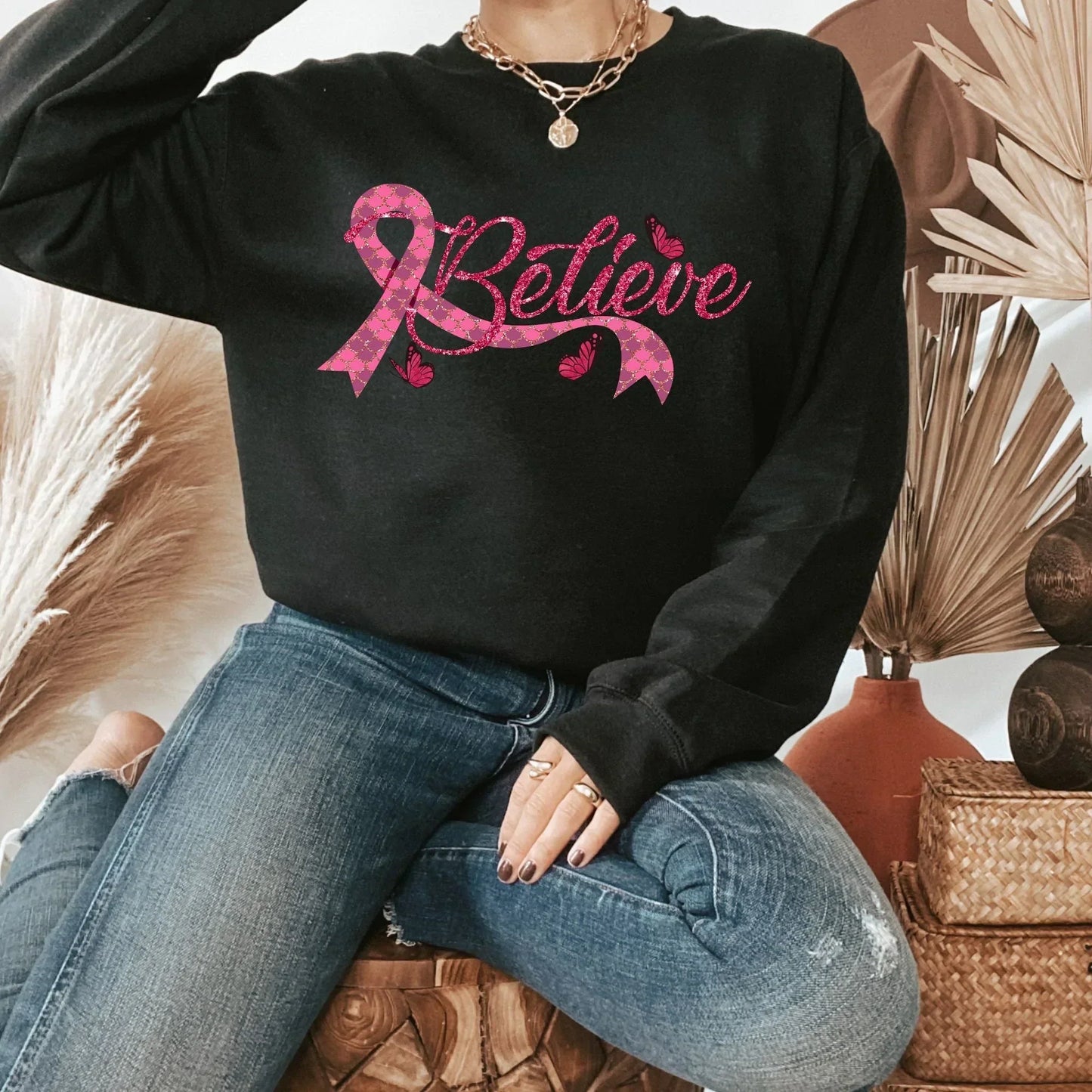 Breast Cancer Shirt, Breast Cancer Gifts, Cancer Survivor Sweatshirt, Gift for Mom, Breast Cancer Awareness Month Pink Ribbon Believe Hoodie HMDesignStudioUS