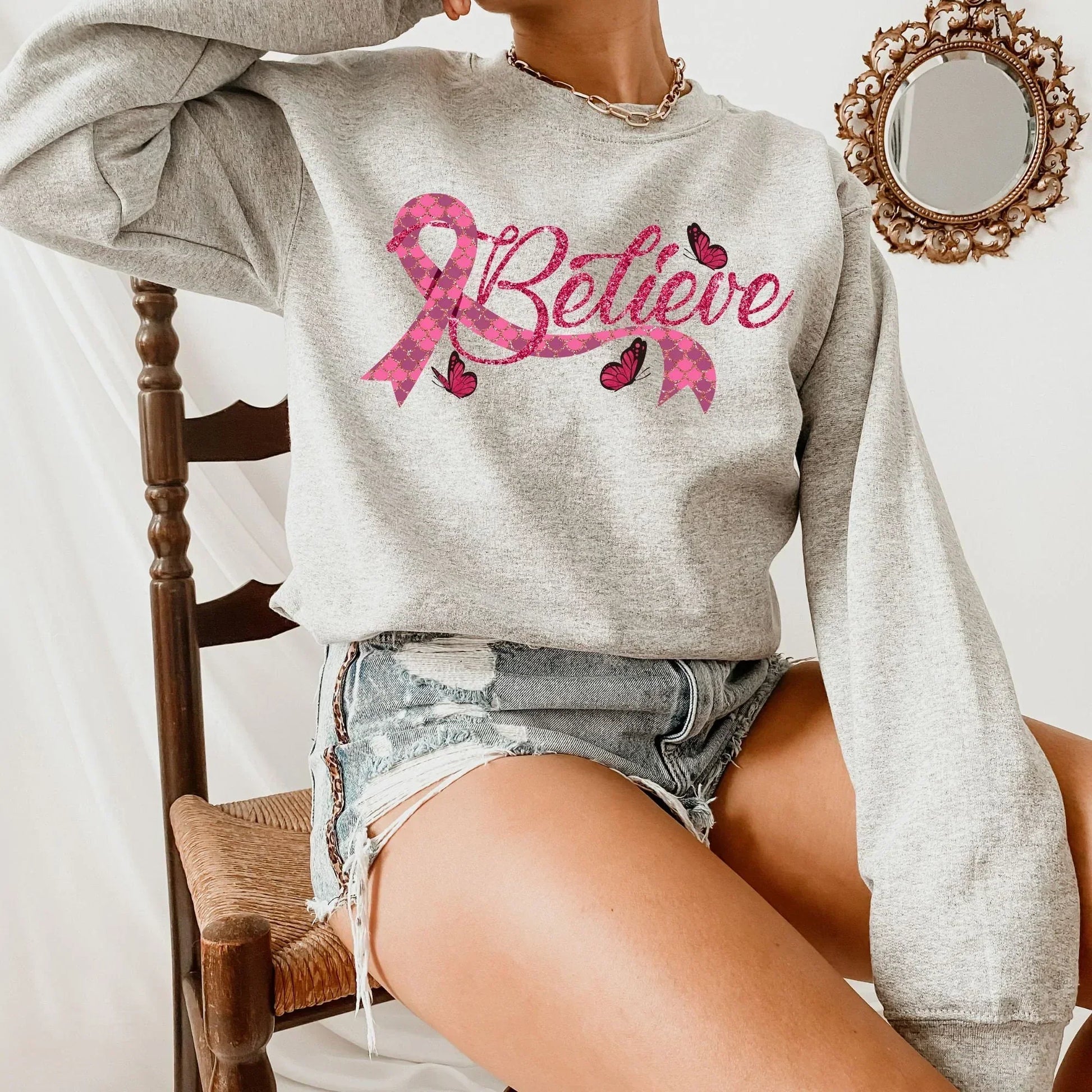 Breast Cancer Shirt, Breast Cancer Gifts, Cancer Survivor Sweatshirt, Gift for Mom, Breast Cancer Awareness Month Pink Ribbon Believe Hoodie HMDesignStudioUS