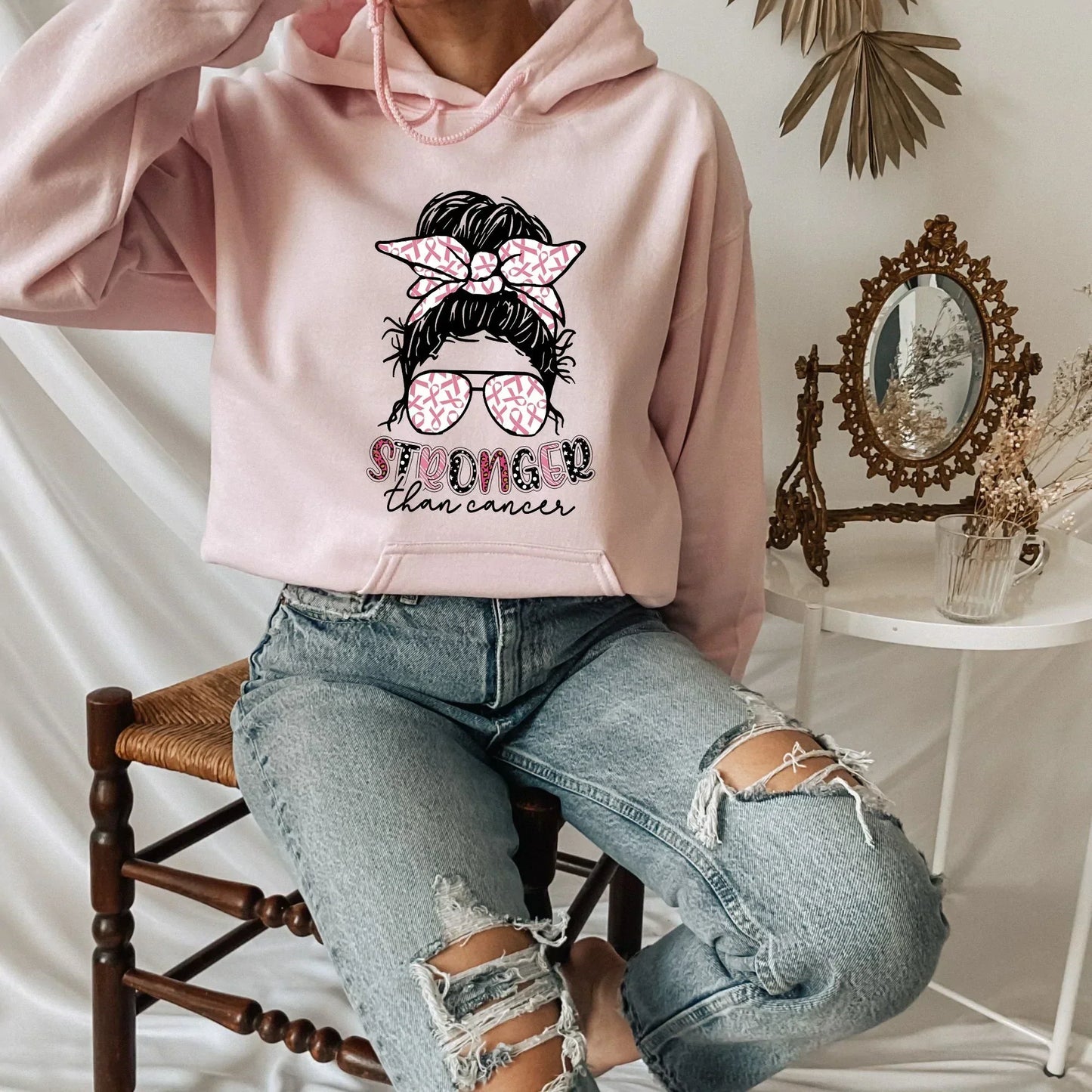 Breast Cancer Shirt, Never Give Up, Cancer Survivor Gifts, Stronger than Cancer Sweatshirt, Messy Bun Awareness Month, Pink Ribbon Hoodie