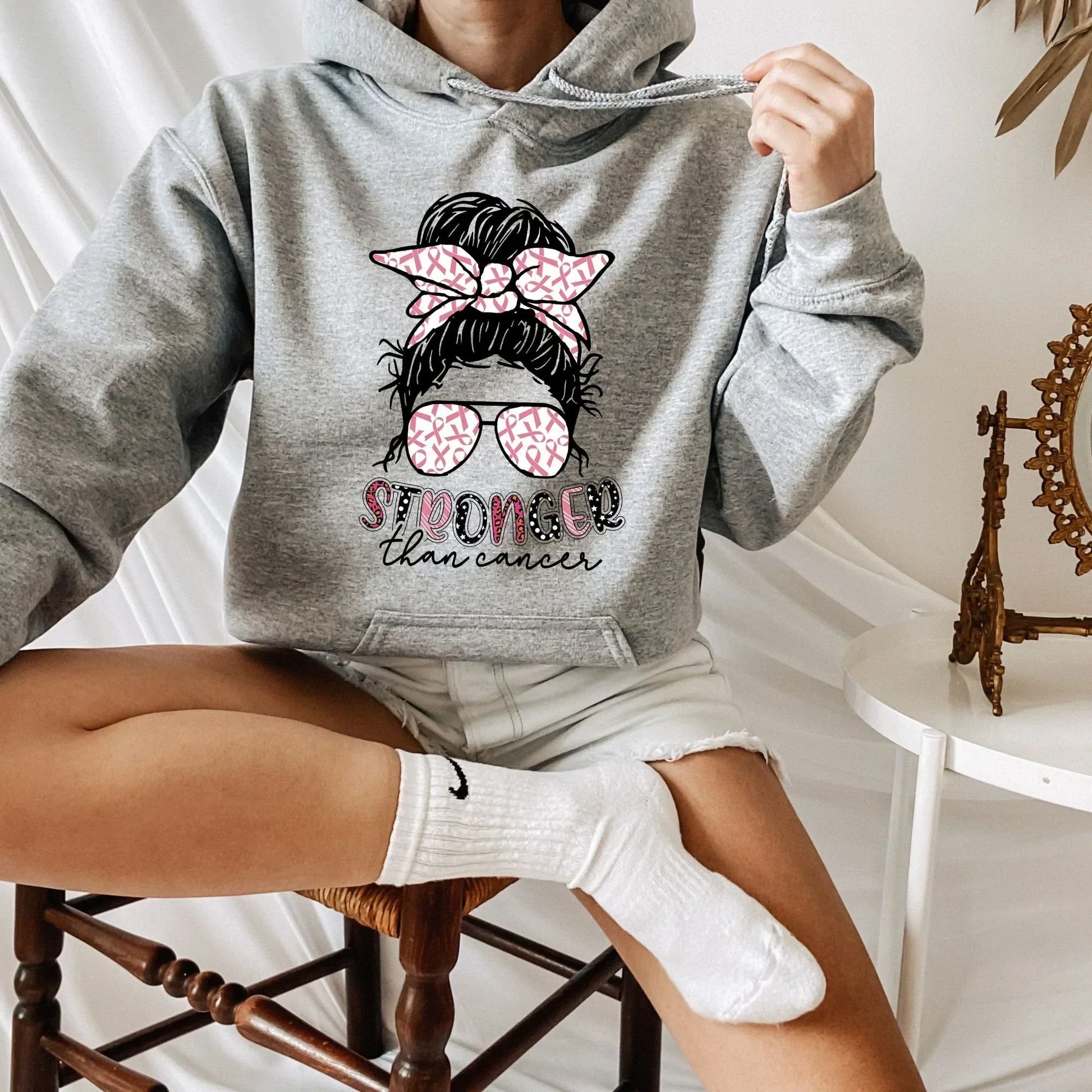 Breast Cancer Shirt, Never Give Up, Cancer Survivor Gifts, Stronger than Cancer Sweatshirt, Messy Bun Awareness Month, Pink Ribbon Hoodie