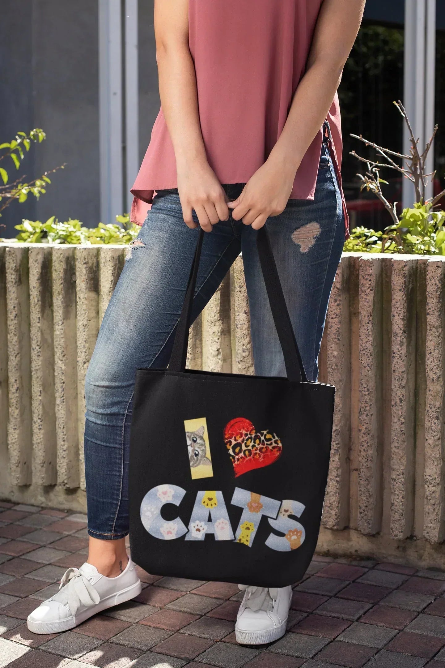 Cat Aesthetic Tote Bag with Pockets, Colorful Cat Lovers Gift, Cat Mom Canvas Bag, Nurse Tote, Funny Cat Themed Gifts for Teachers, Cat Dad HMDesignStudioUS