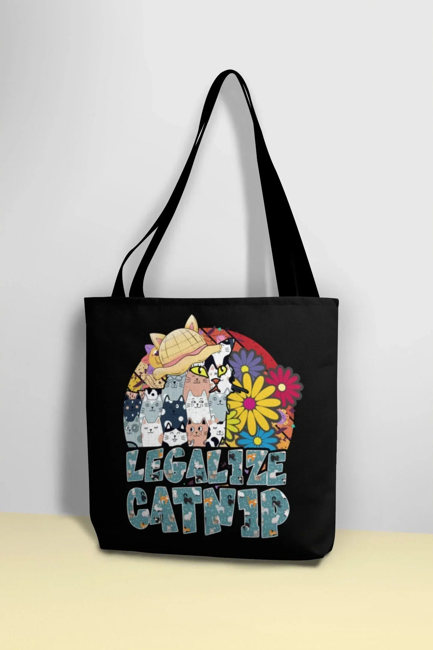 Cat Aesthetic Tote Bag with Pockets, Hippie Cat Lovers Gift, Cat Mom Canvas Bag, Retro Tote, Pussy Cat Themed Gifts for Teachers, Cat Dad
