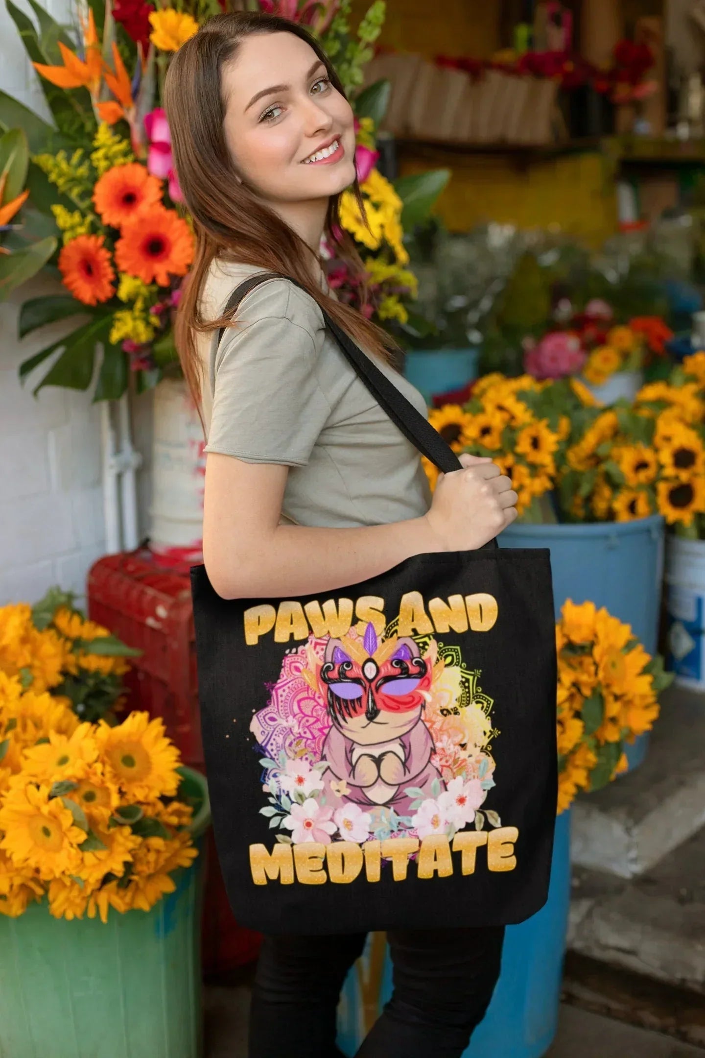 Cat Aesthetic Tote Bag with Pockets, Sunflower Funny Cat Mom Canvas Bag, Siamese Cat Nurse Tote Bag, Pussy Cat Themed Gifts for Teachers HMDesignStudioUS