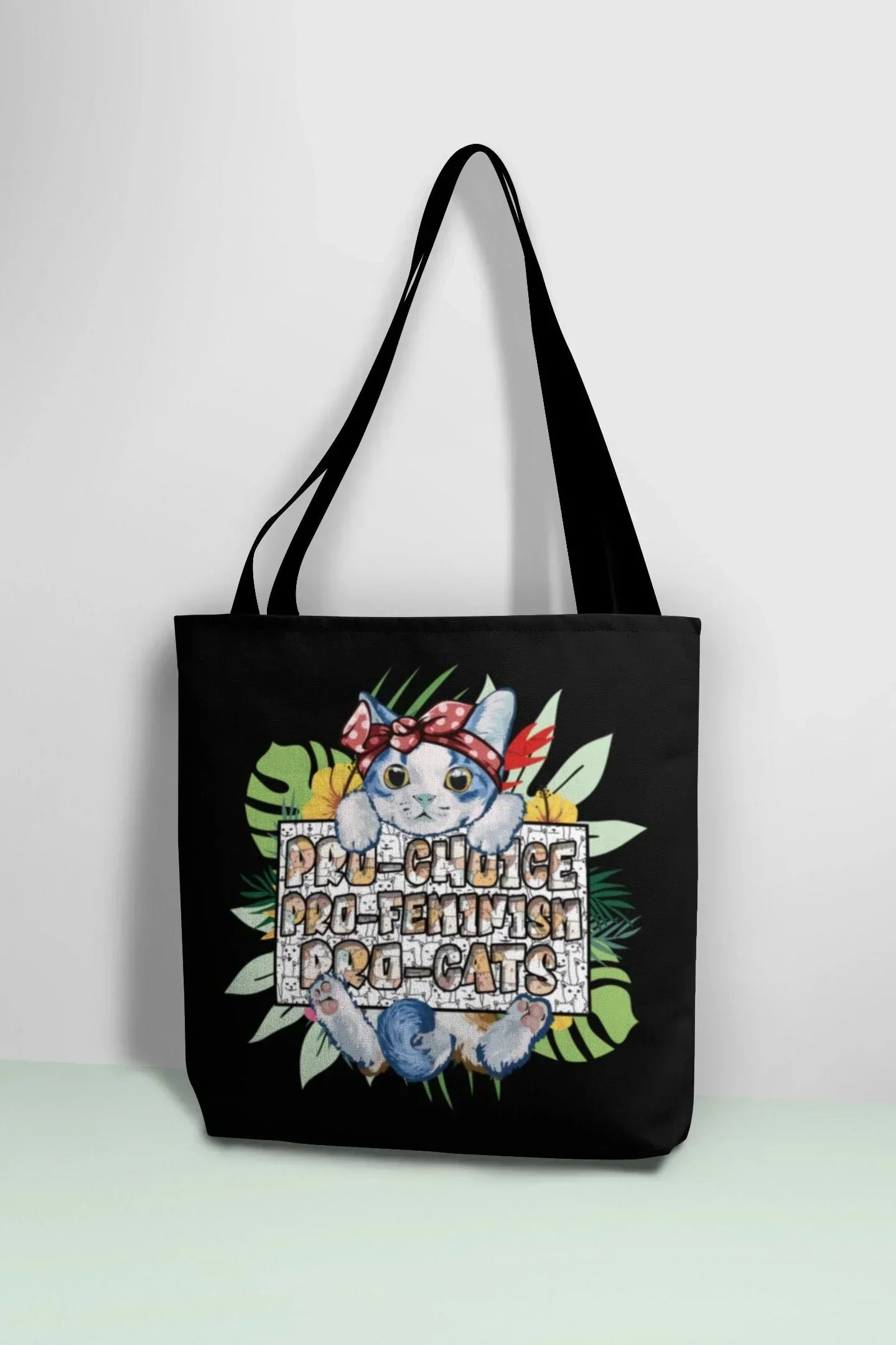 Cat Tote Bag, Aesthetic Tote Bag with Pockets, Hippie Cat Lovers Gift, Cat Mom Canvas Bag, Pro Choice Pro Feminism, Funny Cat Themed Gifts