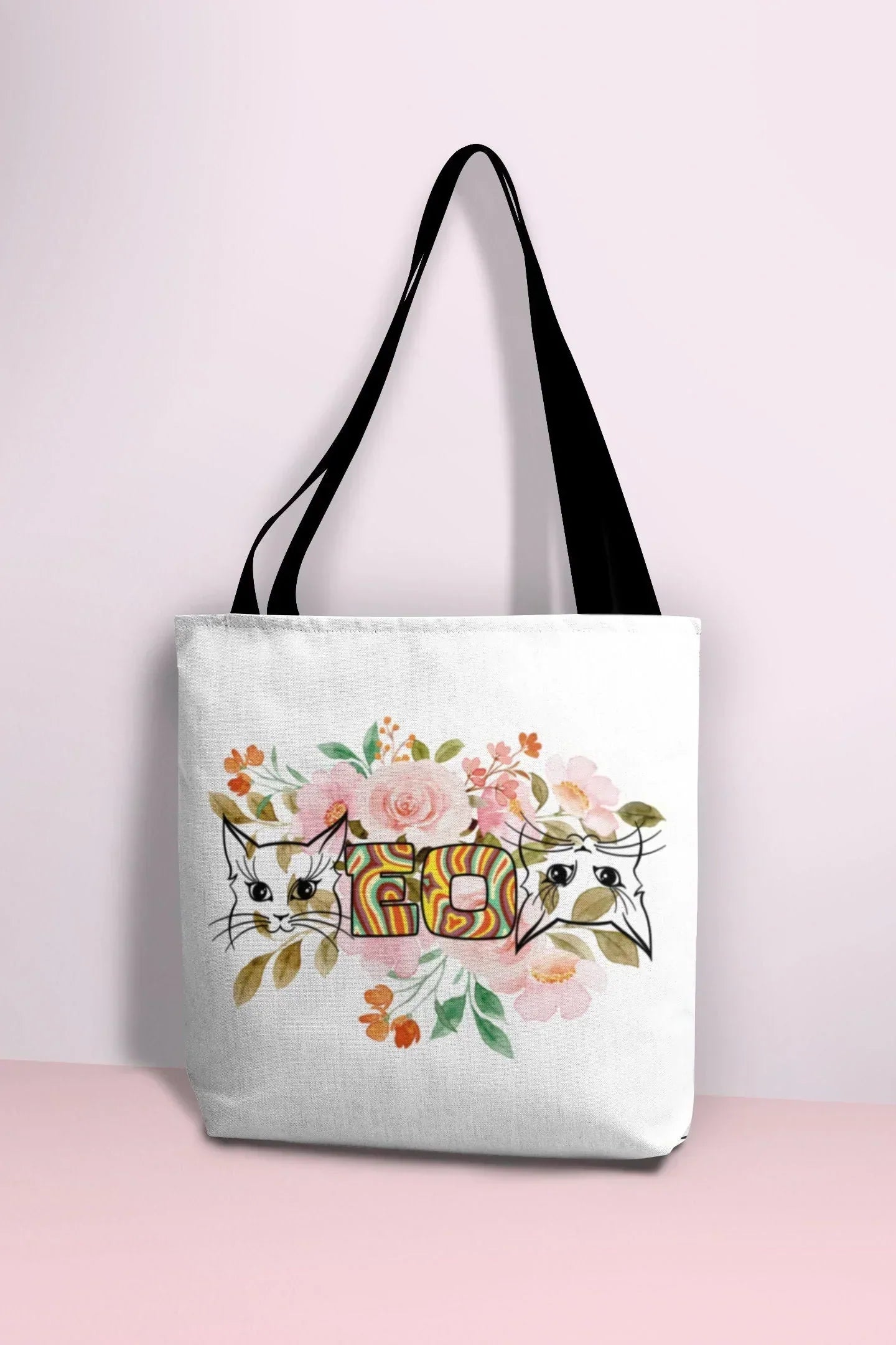 Cat Tote Bag, Aesthetic Tote Bag with Pockets, Hippie Cat Lovers Gift, Cat Mom Canvas Bag, Pro Choice Pro Feminism, Pussy Cat Themed Gifts HMDesignStudioUS