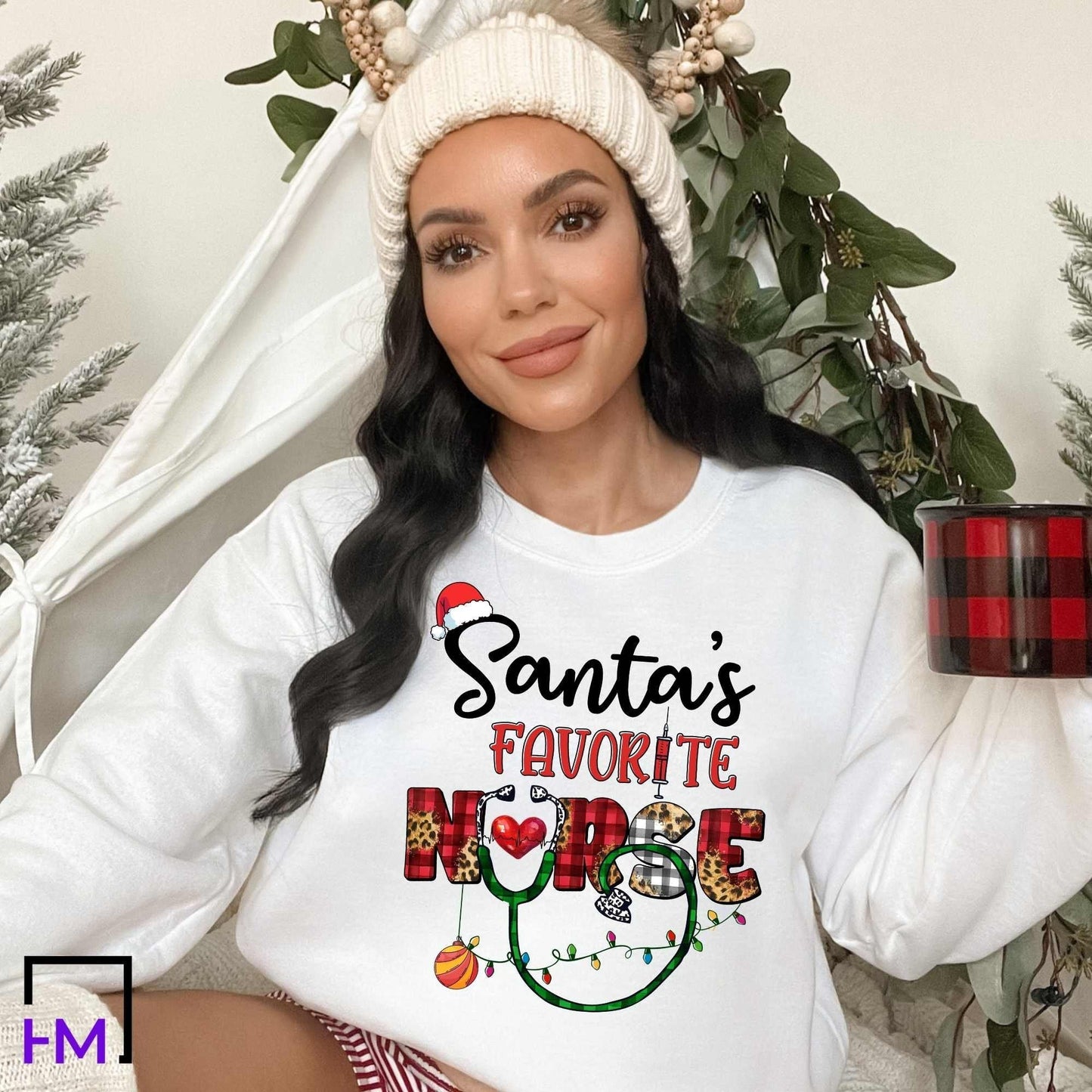Christmas Nurse Sweatshirt | Warm Cozy Fall Crewneck Sweater for Santa's Favorite RN, CNA, Pediatric Nurse, Avail in Tees & Plus Size HMDesignStudioUS