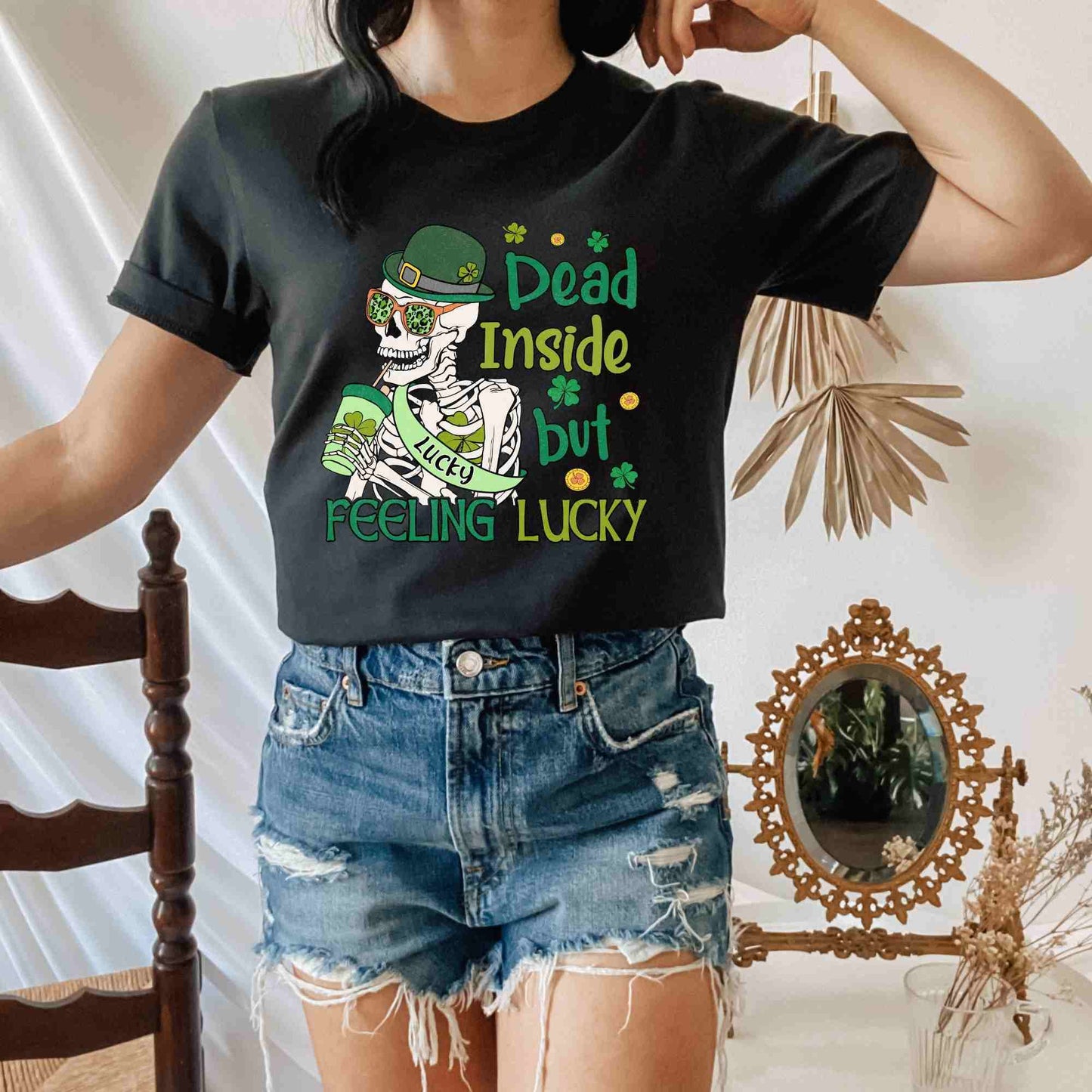 Dead Inside but Feeling Lucky St. Patrick's Day Shirt for Women or Men, Shamrock Clover Sweatshirt