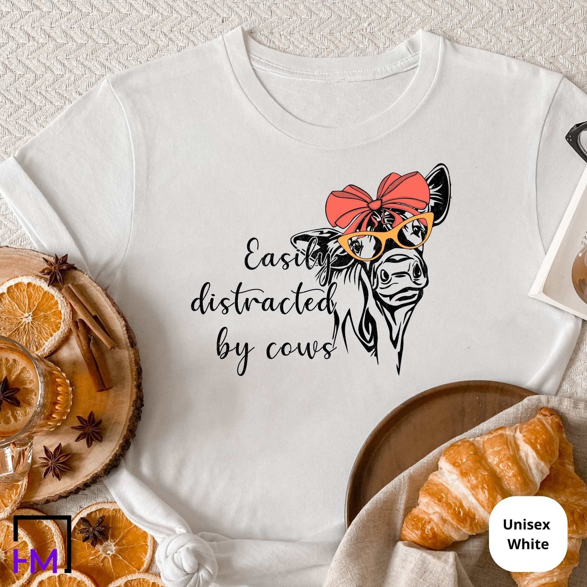Easily Distracted By Cows Shirt, Funny Cow T-Shirt, Cow Lover Gift, Funny Farmer Sweater, Farming Gifts for Women, Barnyard Farm Tshirts