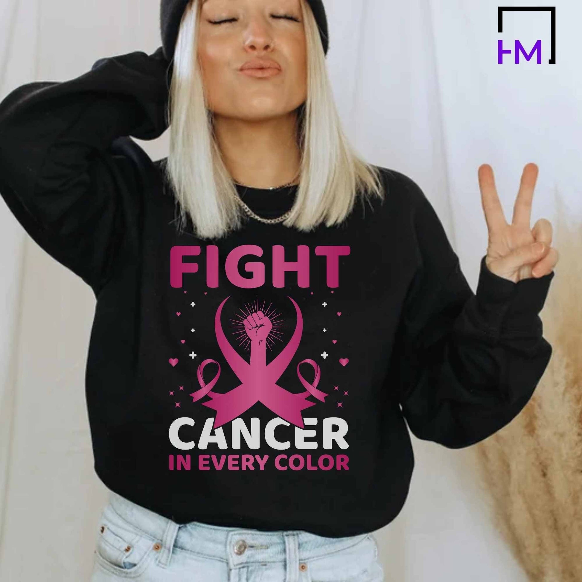 Fight Cancer in Every Color, World Cancer Day Shirt, Breast Cancer Shirt, Never Give Up, Cancer Survivor Gifts, Stronger than Cancer Sweatshirt, Pink Ribbon Hoodie