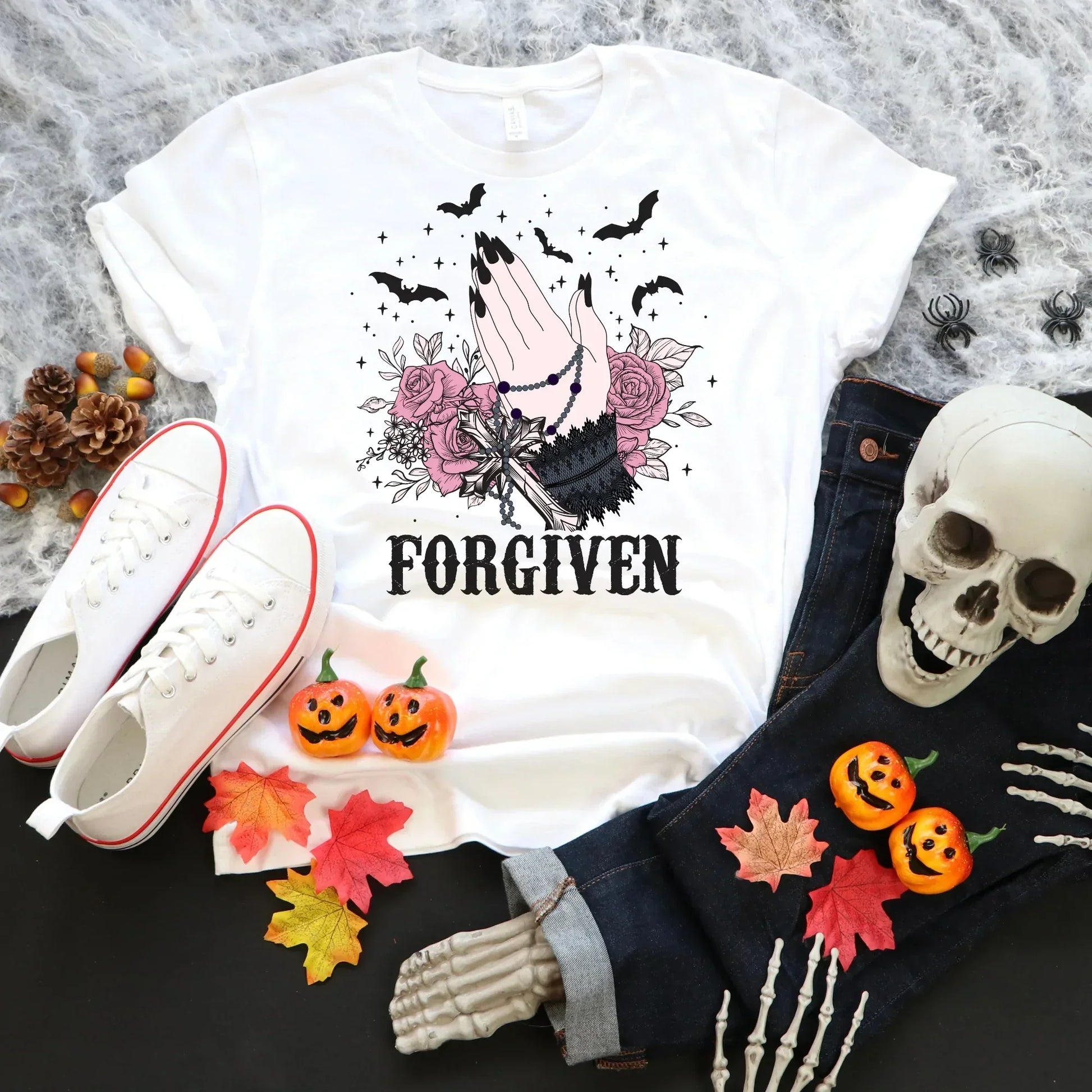 Forgiven Gothic Shirt, Halloween Sweatshirt, Witchy Vibes, Bats & Dead Roses Shirt, Moon Shirt, Magical Witch Shirt, Goth Style, Rot with Me, EMO Tee HMDesignStudioUS