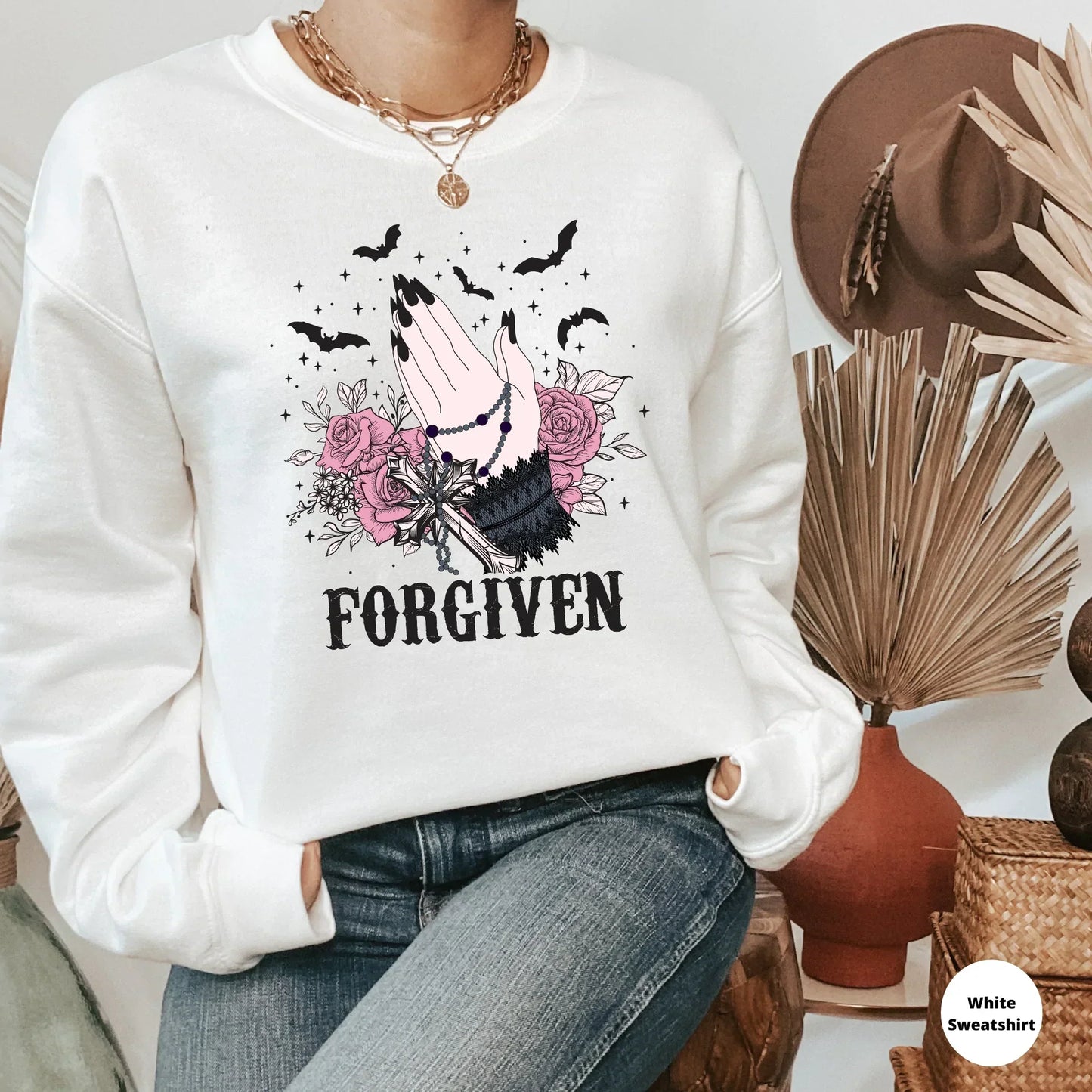 Forgiven Gothic Shirt, Halloween Sweatshirt, Witchy Vibes, Bats & Dead Roses Shirt, Moon Shirt, Magical Witch Shirt, Goth Style, Rot with Me, EMO Tee HMDesignStudioUS