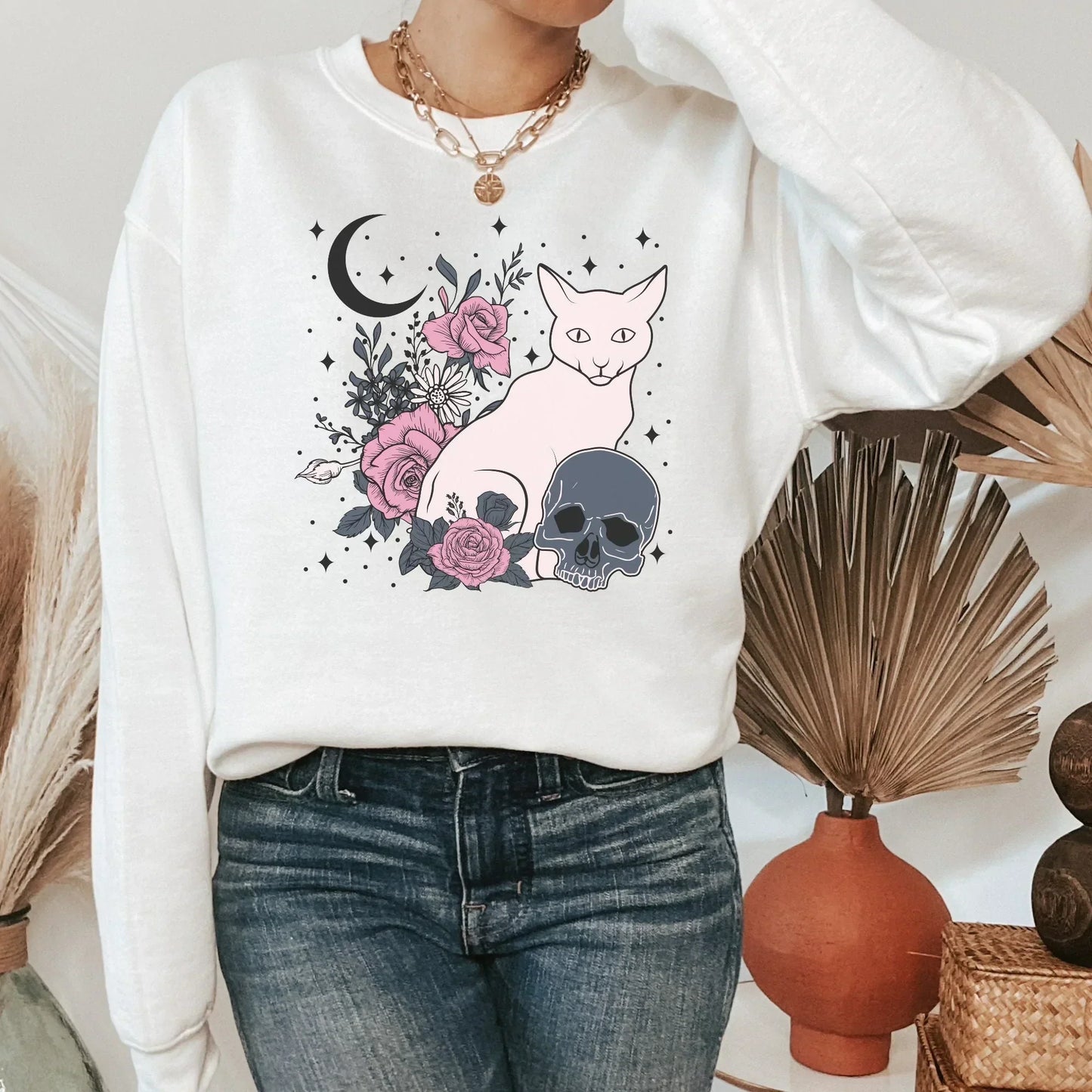 Halloween Pastel, Gothic Shirt, Witchy Vibes Halloween Sweatshirt, Moon Shirt, Skull Shirt, Pastel Goth Style Grunge Clothing, Cat Shirt HMDesignStudioUS