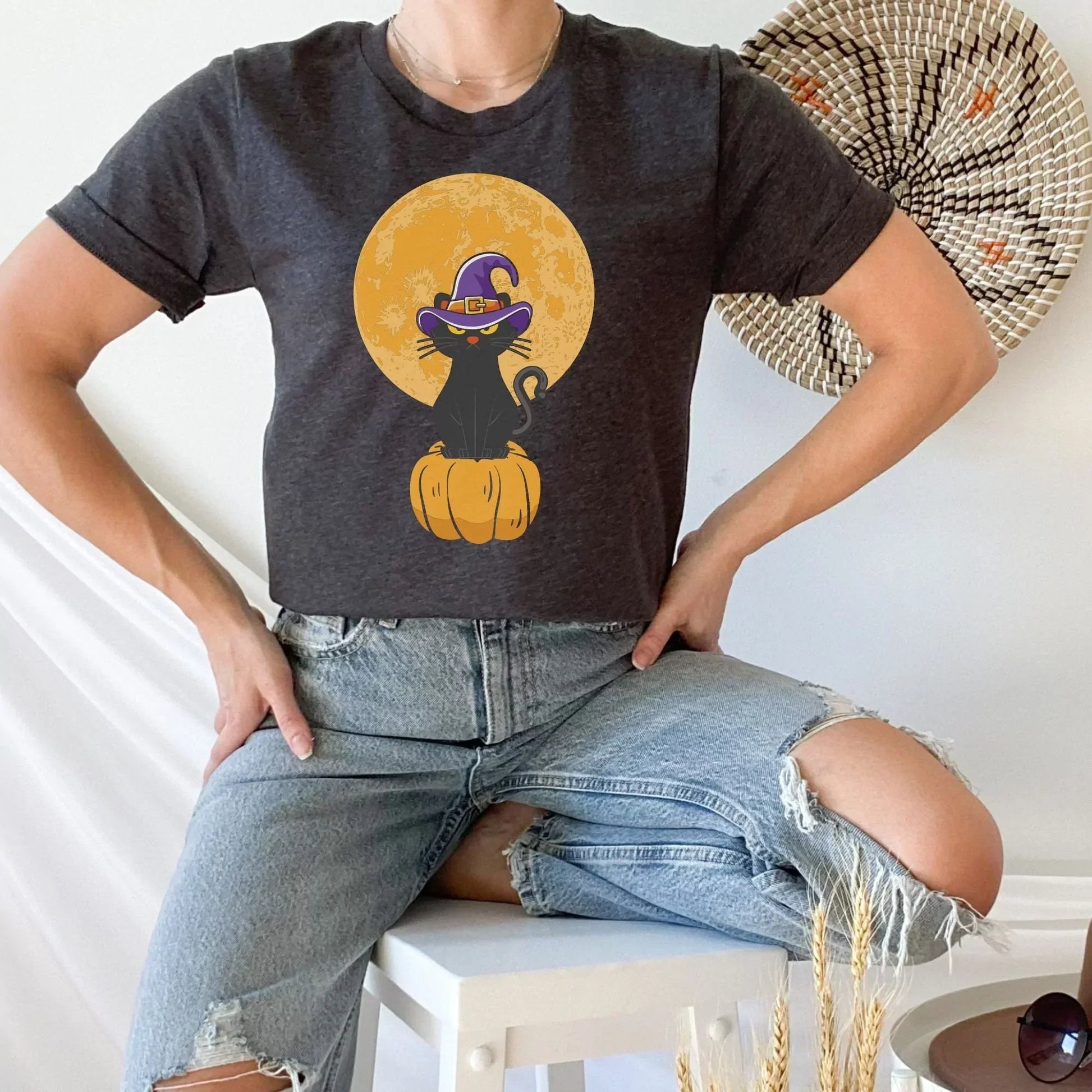 Halloween Shirt, Halloween Cat Shirt, Cat Sweater, Cat Dad Gift, Cute Cat Witch Hoodie, Black Cat themed Gifts,  Spooky Cat Mom Sweatshirt, HMDesignStudioUS