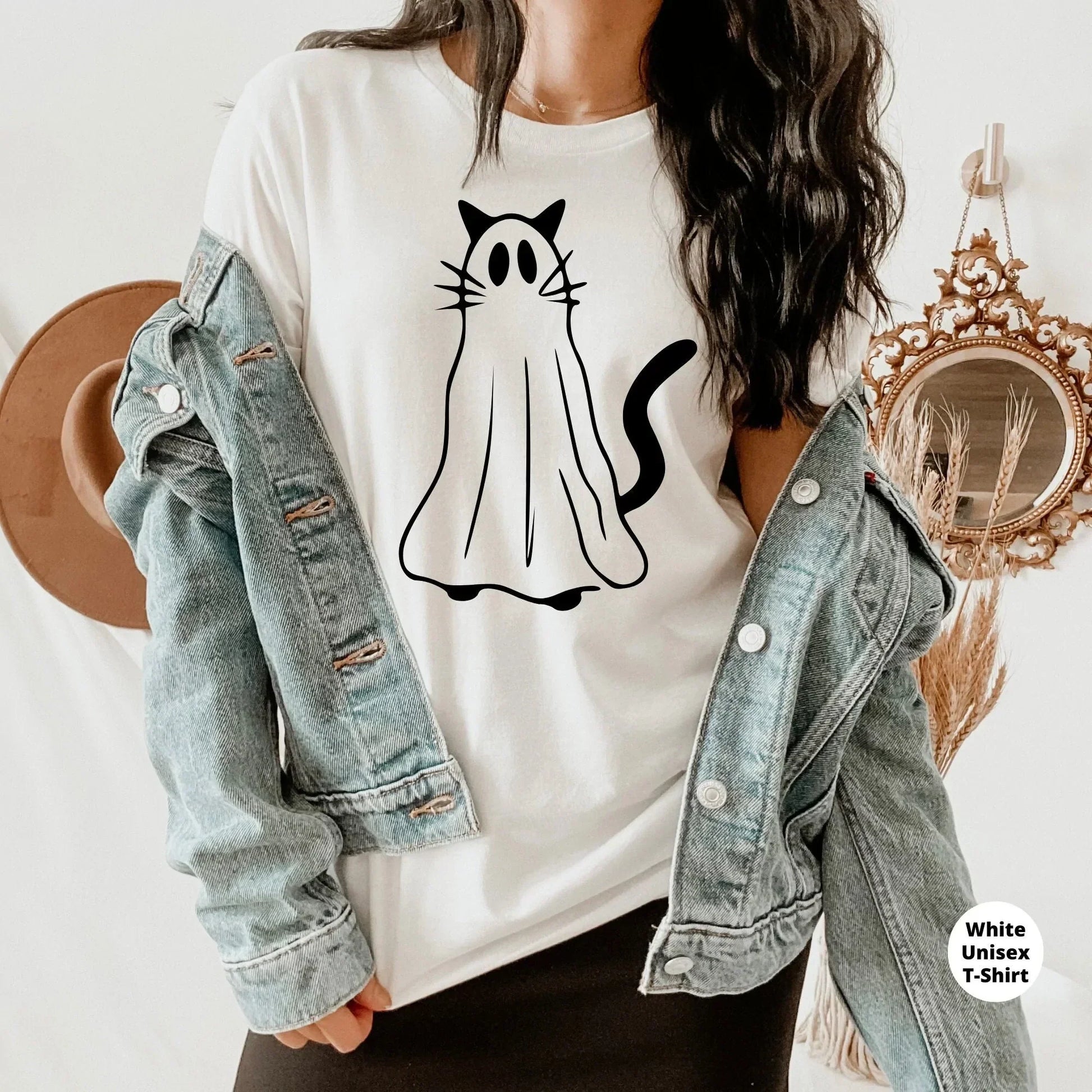 Halloween Sweater, Cat Ghost Shirt, Fall Sweatshirt, Gothic clothing, Funny Witch Party Tees, Cat lover Gift, Women's Spooky Season T-shirt HMDesignStudioUS