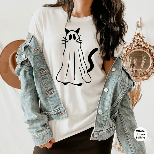 Halloween Sweater, Cat Ghost Shirt, Fall Sweatshirt, Gothic clothing, Funny Witch Party Tees, Cat lover Gift, Women's Spooky Season T-shirt