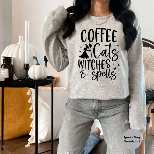 Halloween Sweater, Halloween Crewneck, Coffee Cats Witches Spells, Funny Halloween Party, Cute Halloween Hoodie, Halloween Cat Shirt