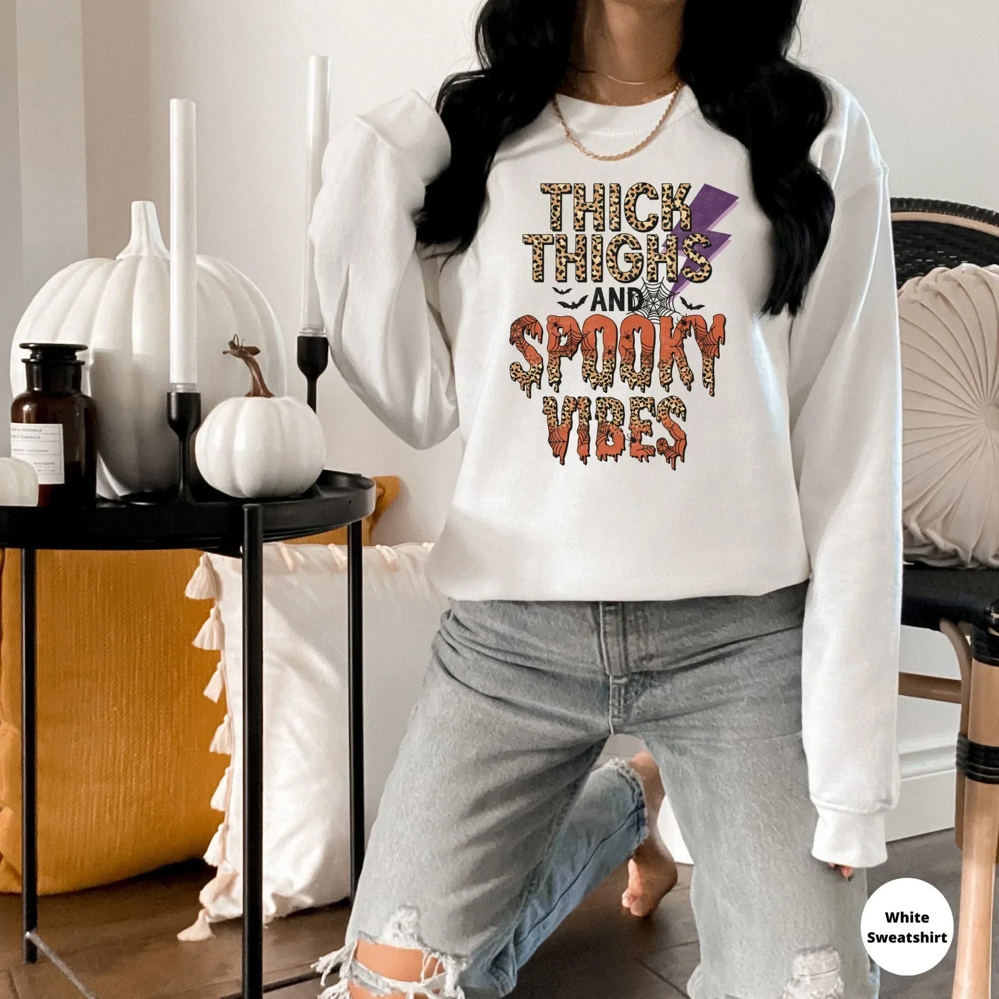 Halloween Sweater, Thick Thighs Spooky Vibes Shirt, Fall Sweatshirt, Halloween Crewneck, Funny Party Tees, Retro Halloween, Spooky Season HMDesignStudioUS