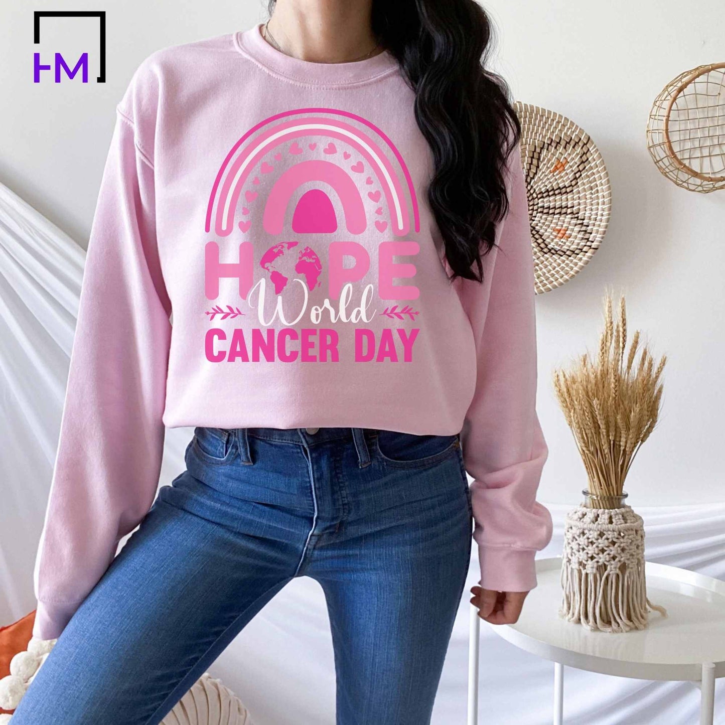 Hope World Cancer Day Shirt, Breast Cancer Shirt, Never Give Up, Cancer Survivor Gifts, Stronger than Cancer Sweatshirt, Pink Ribbon Hoodie