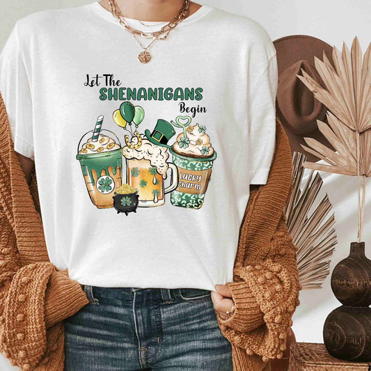 Let the Shenanigans Patrick's Day Shirt, Happy St. Patrick's Day Shirt, Coffee Lover's Shamrock Shirt HMDesignStudioUS