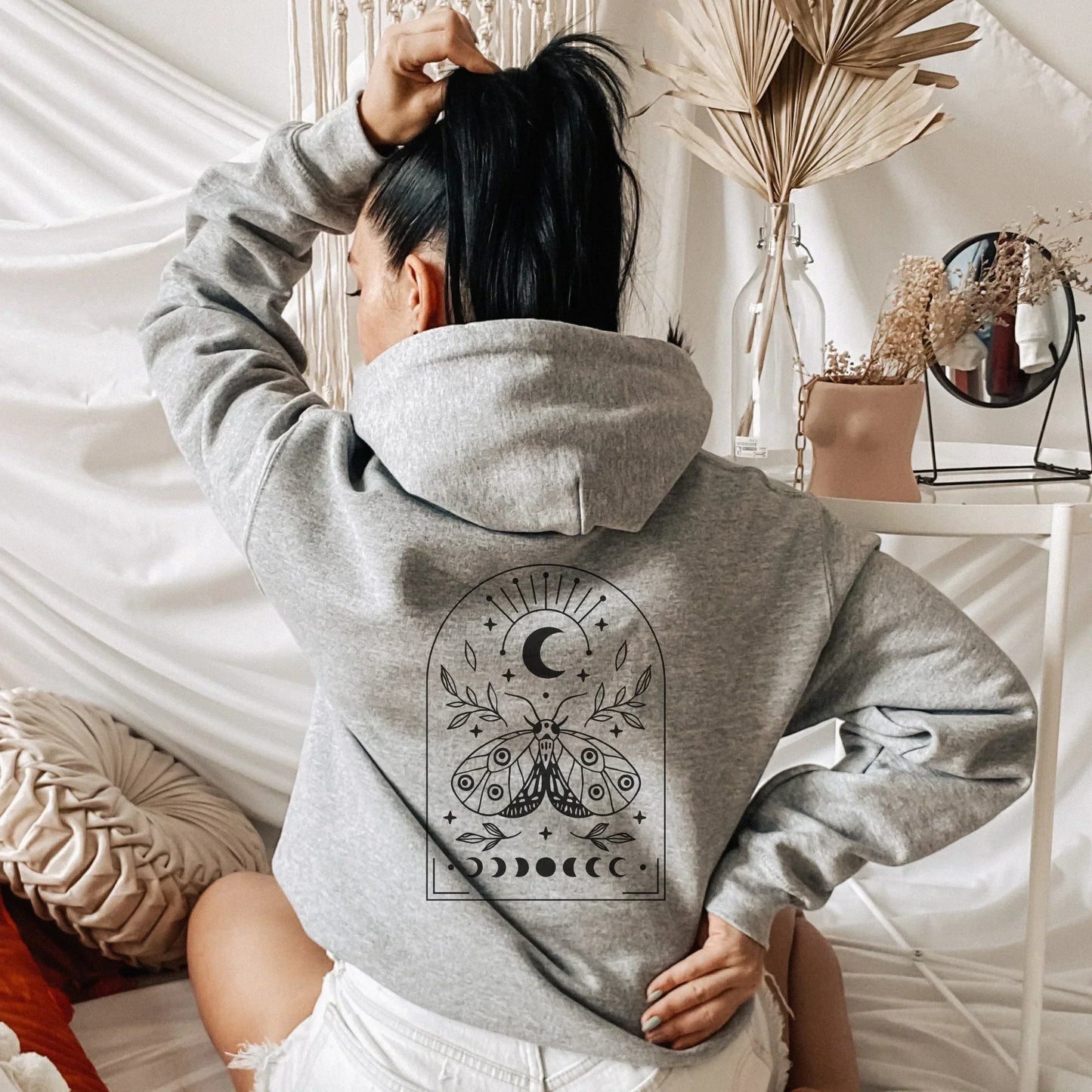 Luna Moth Hoodie, Witchy Aesthetic Shirt, Astrology Sweatshirt, Celestial Mystical Full Zip Hoodie, Moon Phases Fall Clothes, Boho Gifts HMDesignStudioUS