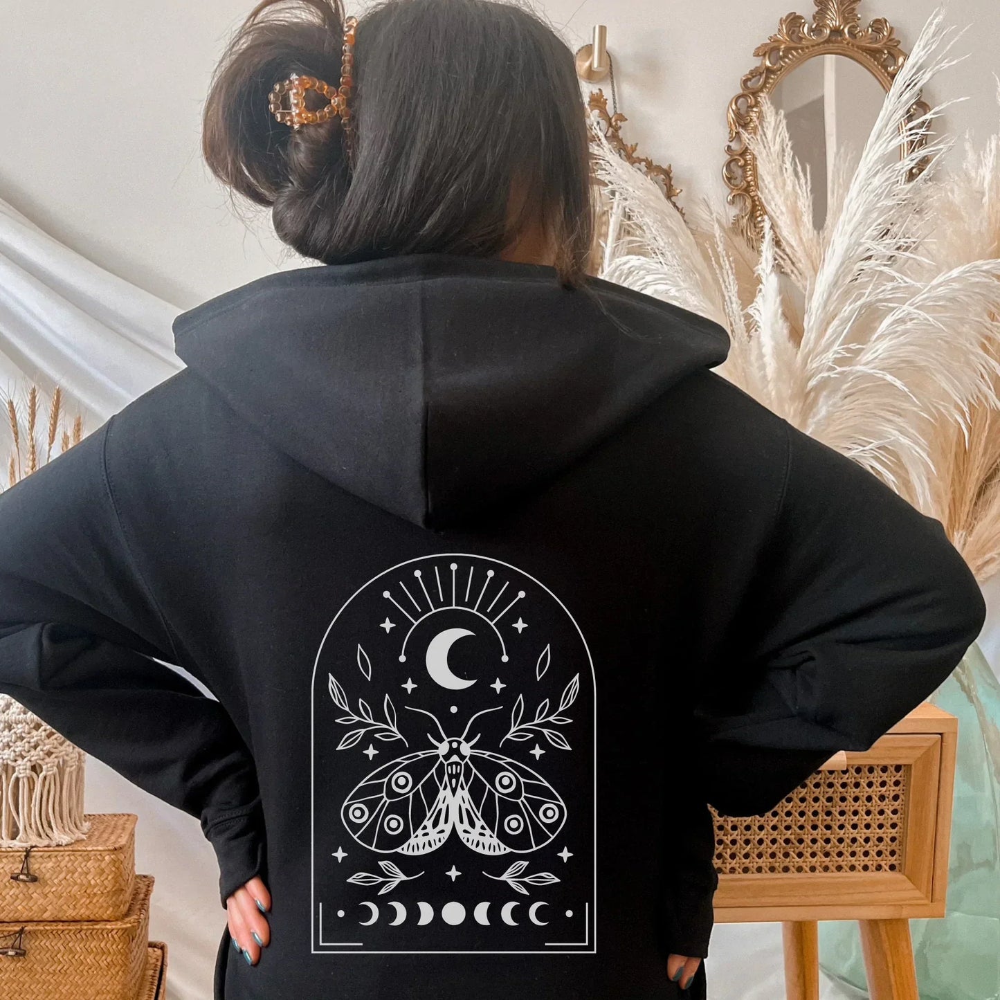Luna Moth Hoodie, Witchy Aesthetic Shirt, Astrology Sweatshirt, Celestial Mystical Full Zip Hoodie, Moon Phases Fall Clothes, Boho Gifts HMDesignStudioUS