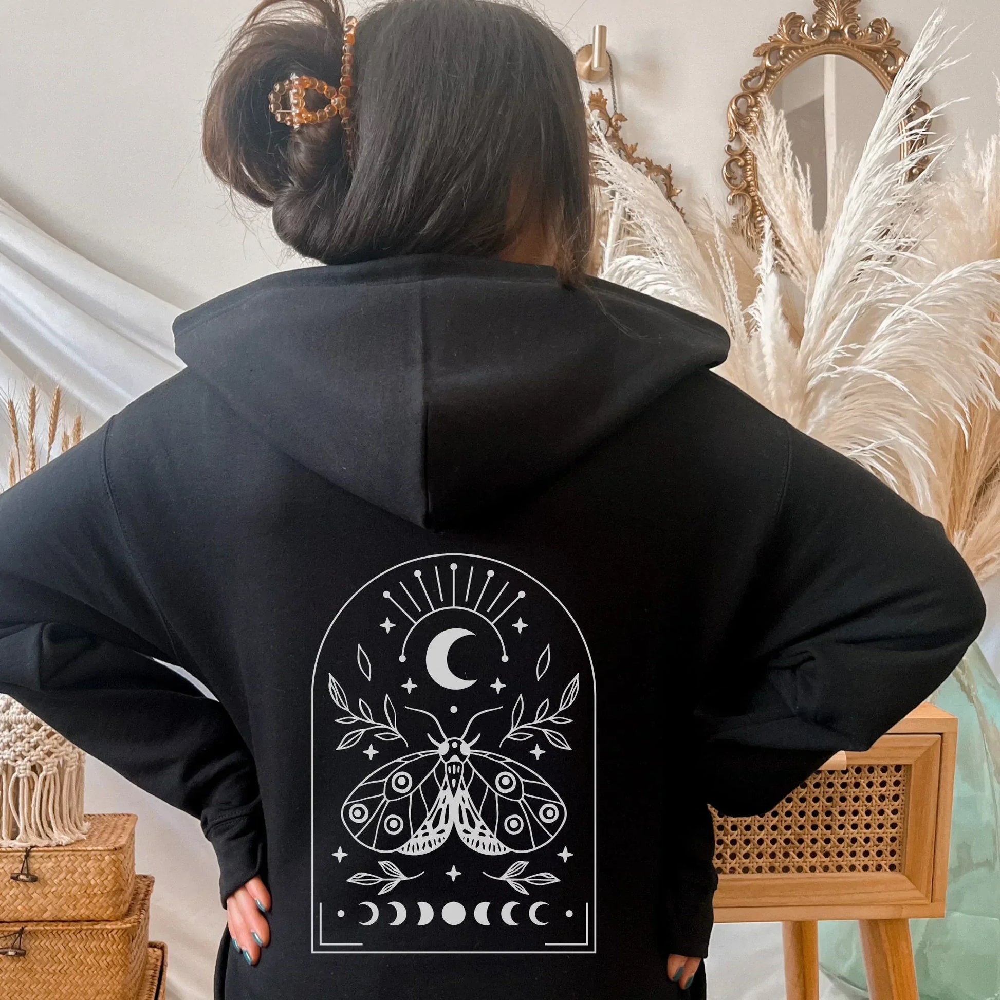 Luna Moth Hoodie, Witchy Aesthetic Shirt, Astrology Sweatshirt, Celestial Mystical Full Zip Hoodie, Moon Phases Fall Clothes, Boho Gifts
