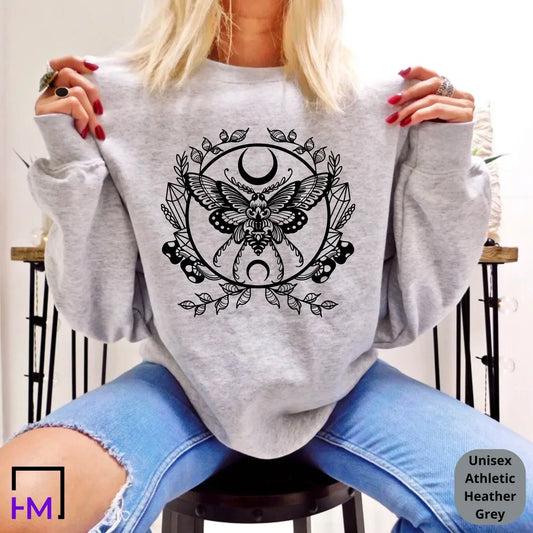 Luna Moth Shirt, Celestial Butterfly, Boho Gifts for Women, Mystical Bohemian Sweater, Astronomy Lover, Third Eye Top, Tarot Cards Clothing