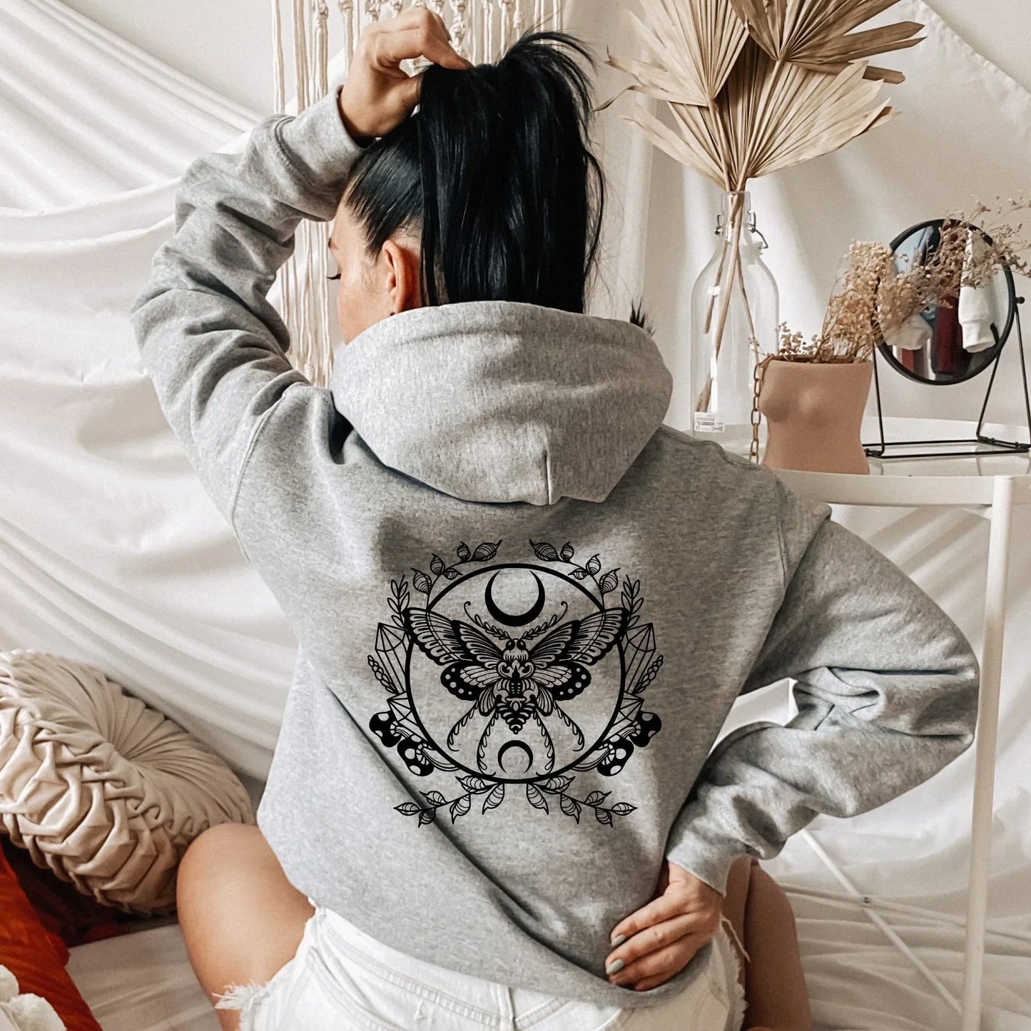 Luna Moth Zip Up Hoodie, Moon Phases Mystical Full Zip Hoodie, Witchy Aesthetic, Boho Gifts for Her, Hippie Apparel w/ Mushrooms & Crystals HMDesignStudioUS